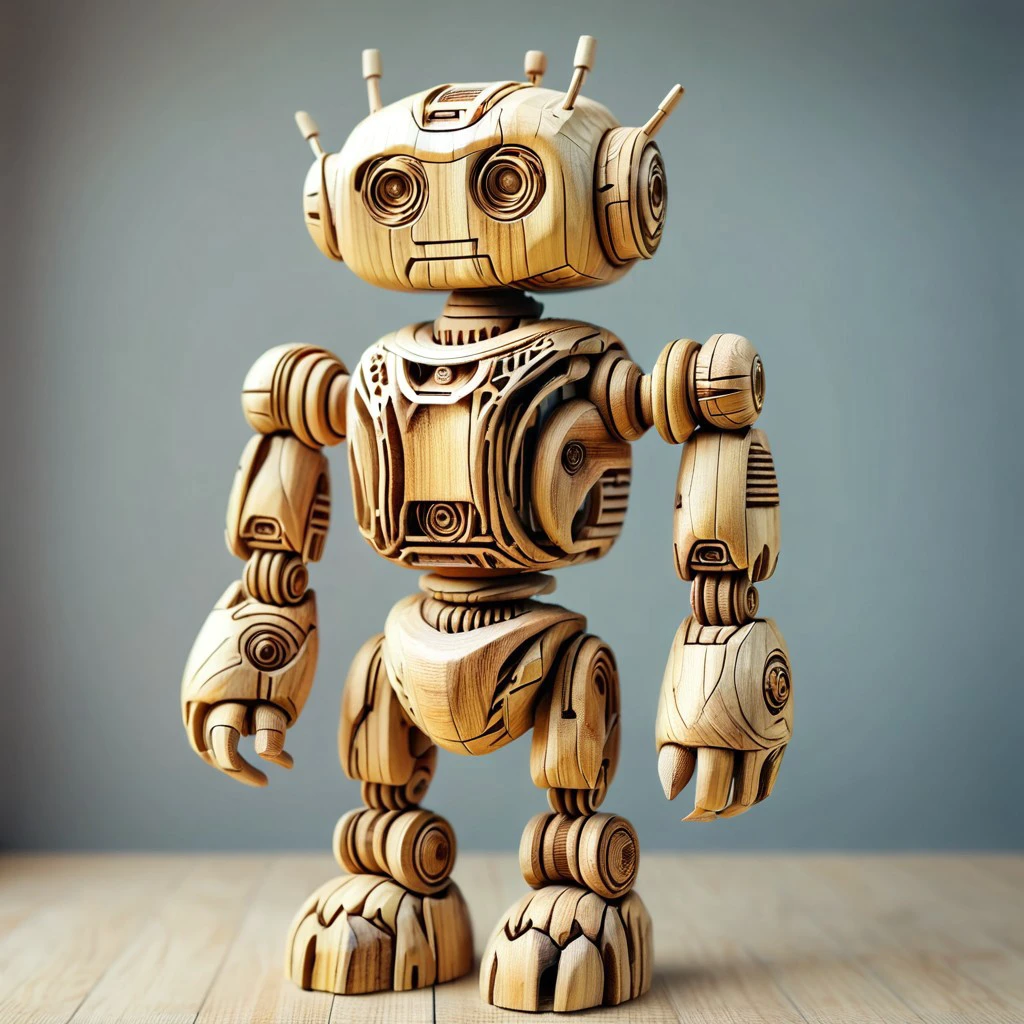 made of wood, wooden, detailed robot,