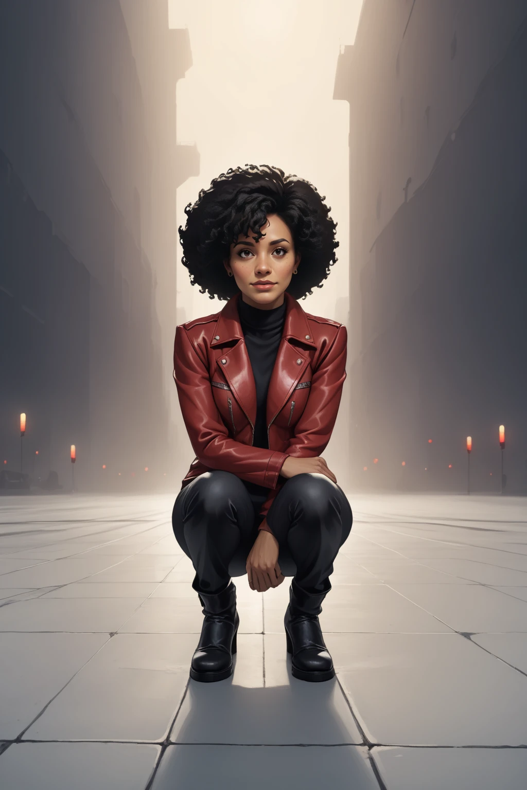 <lora:sxz-rutkowski-smol-pdxl:1>,rutkowski style realistic,<lora:Misty_Knight_PDXL_spamb0t:0.7>,Marvel_Comics_Misty_Knight
BREAK [SEP] (short black afro:1.3),black turtleneck
BREAK [SEP] maroon leather jacket,
BREAK [SEP] cowboy shot,sultry,seductive,crouching with hands on knees, head turned to side,1970s abstract background
BREAK [SEP] high quality,film grain,cinematic lighting,volumetric lighting,model shoot,looking at viewer
BREAK [SEP] (hyper detail,insanely detailed,best quality,masterpiece,photorealistic:1.4)