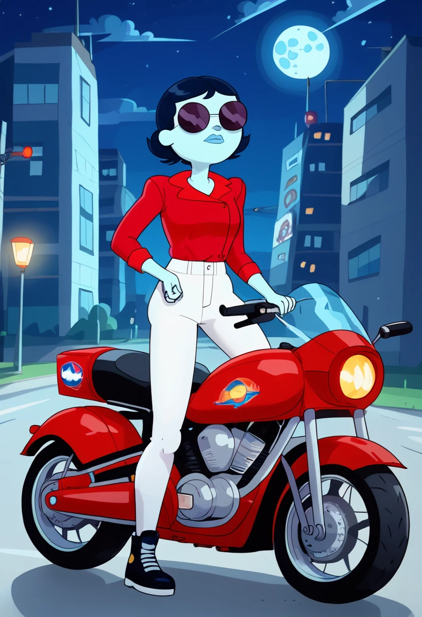 score_9, score_8_up, score_8,   <lora:Patience_St._Pim_Adventure_Time_for_PonyXL:0.8> 1girl, blue skin, s4intp1m, sunglasses, short hair, black hair, pants, red shirt, night, motorcycle, helmet, full moon,