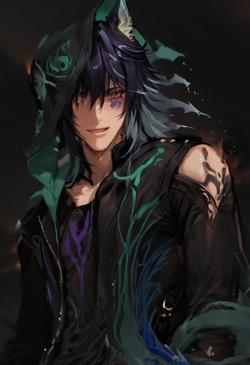 1boy, solo, male focus, animal ears, animal ear fluff, fox ears, ororon_(genshin_impact), black hair, spiky hair, messy hair, purple tint hair, green highlight, multicolored hair, wolf cut hair, hair between eyes, bangs, tan skin, Heterochromia, one green eye, one purple eye, facial marks, facial tattoo, fox boy, toned, broad shoulders, masculine jawline, slender, ripped, athletic, solo, ((fully clothed, band aids, band aid, college sweat after Quidditch game, wet)), Macro detailed realism style photograph, soft lighting, Expressiveh, 1man, sitting, (smiling:1.2), open mouth, heavy breathing, soft bright lighting, looking down, , looking at viewer, front view, chest view, role as top, masculine, detailed eyes, realism eyes,