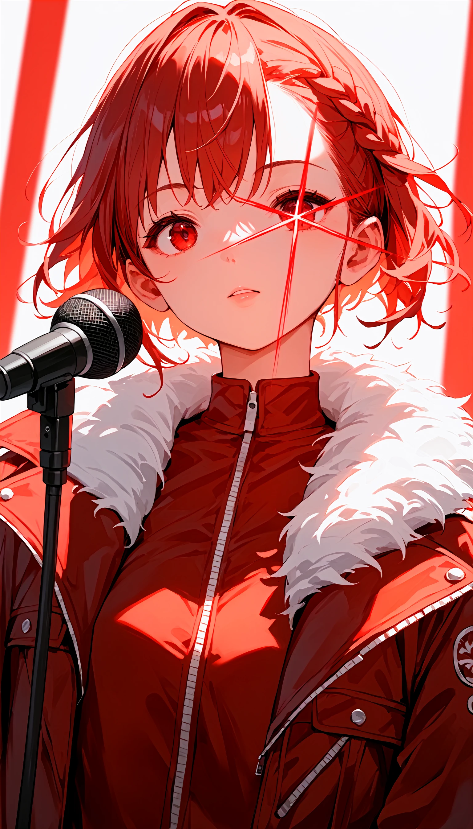 score_9,score_8_up,score_7_up,source_anime,
1girl,solo,French twist hairstyle,fur-trimmed_jacket,looking afar,microphone,looking at viewer,red theme,dynamic_angle,
<lora:stareye starlight_pony_bx-v1.01:1>,red stareye,