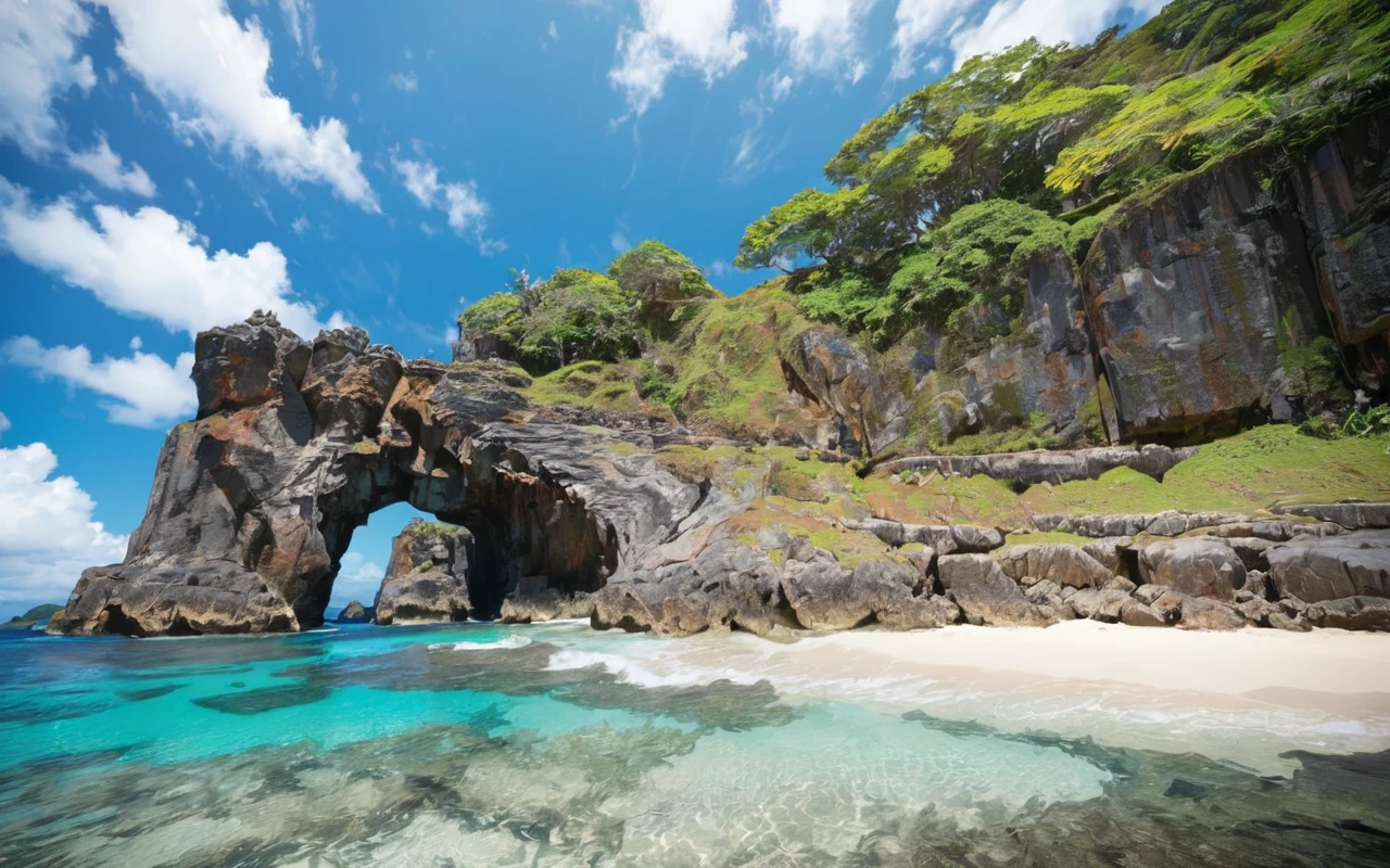 <lyco:Ogasawara:0.8>, (anime coloring, anime visual), masterpiece, best quality, high quality, ((view from ground)), Ogasawara_Islands, clear water, beach, cliff, rock, blue sky, clouds