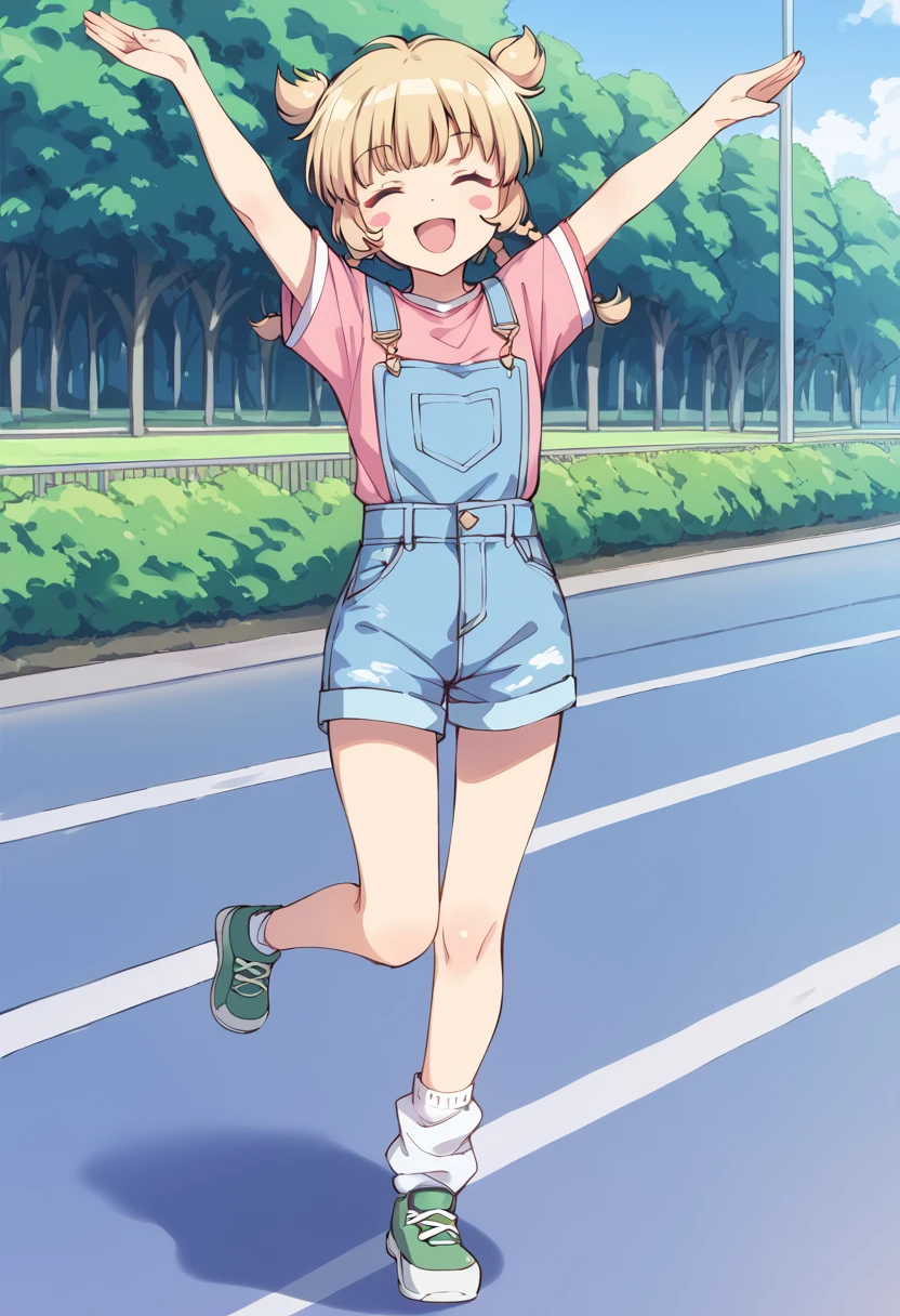 score_9, score_8_up, score_7_up, source_anime, BREAK
fong pudding, 1girl, solo, overalls, blonde hair, closed eyes, short hair, :3, smile, open mouth, overall shorts, standing on one leg, caramelldansen, arms up, full body, bunny pose, blush, white legwear, brown hair, happy, two side up, pink shirt, outdoors, dancing, short sleeves, ^ ^, standing, loose socks, :d, suspenders, leg up, light brown hair, blue shorts, pose, t-shirt, green footwear, twin braids, bangs, leg lift, eyebrows visible through hair, white socks, blush stickers, rabbit pose, day, denim shorts, blue overalls, facing viewer, flat chest
<lora:mew_pudding_fong_pudding_sdxl_locon_pony_v1:0.7>