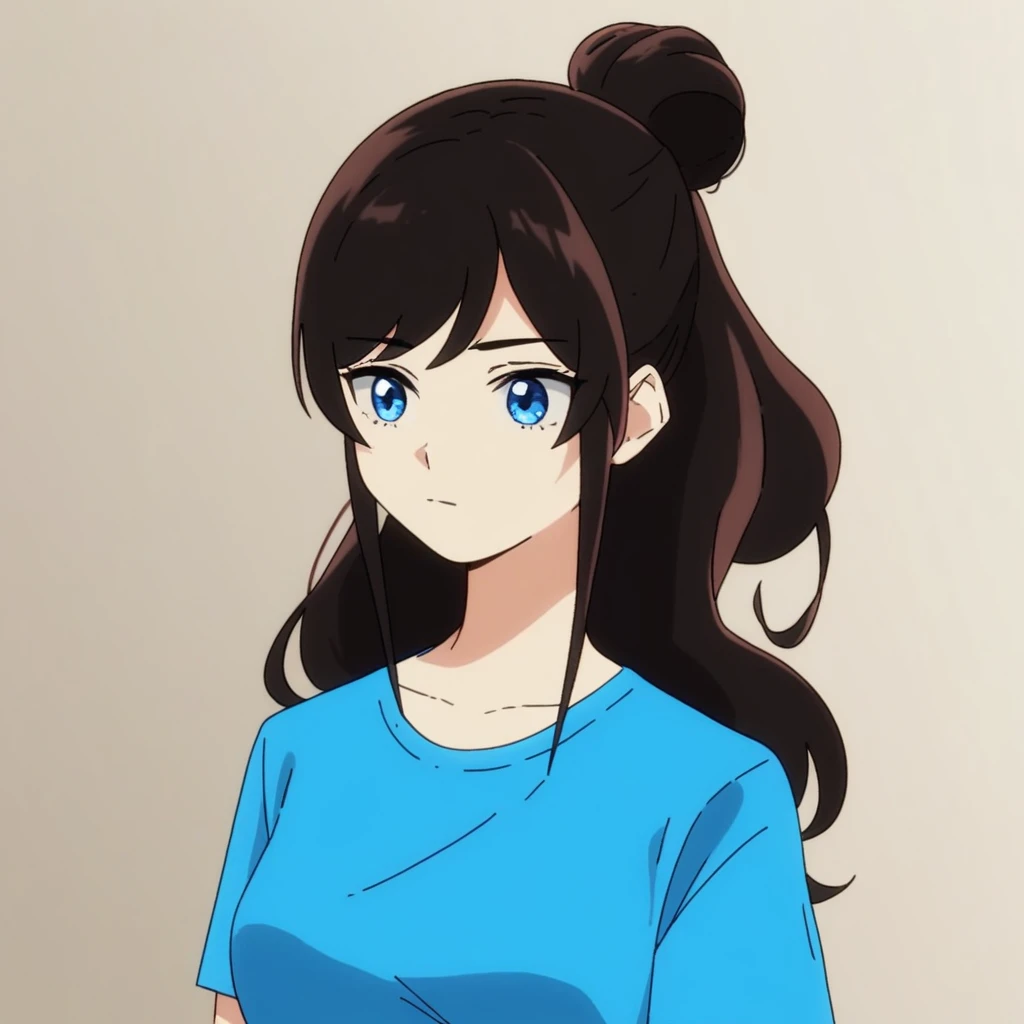 1girl, solo, Nicole, dark hair, blue eyes, blue shirt, score_9