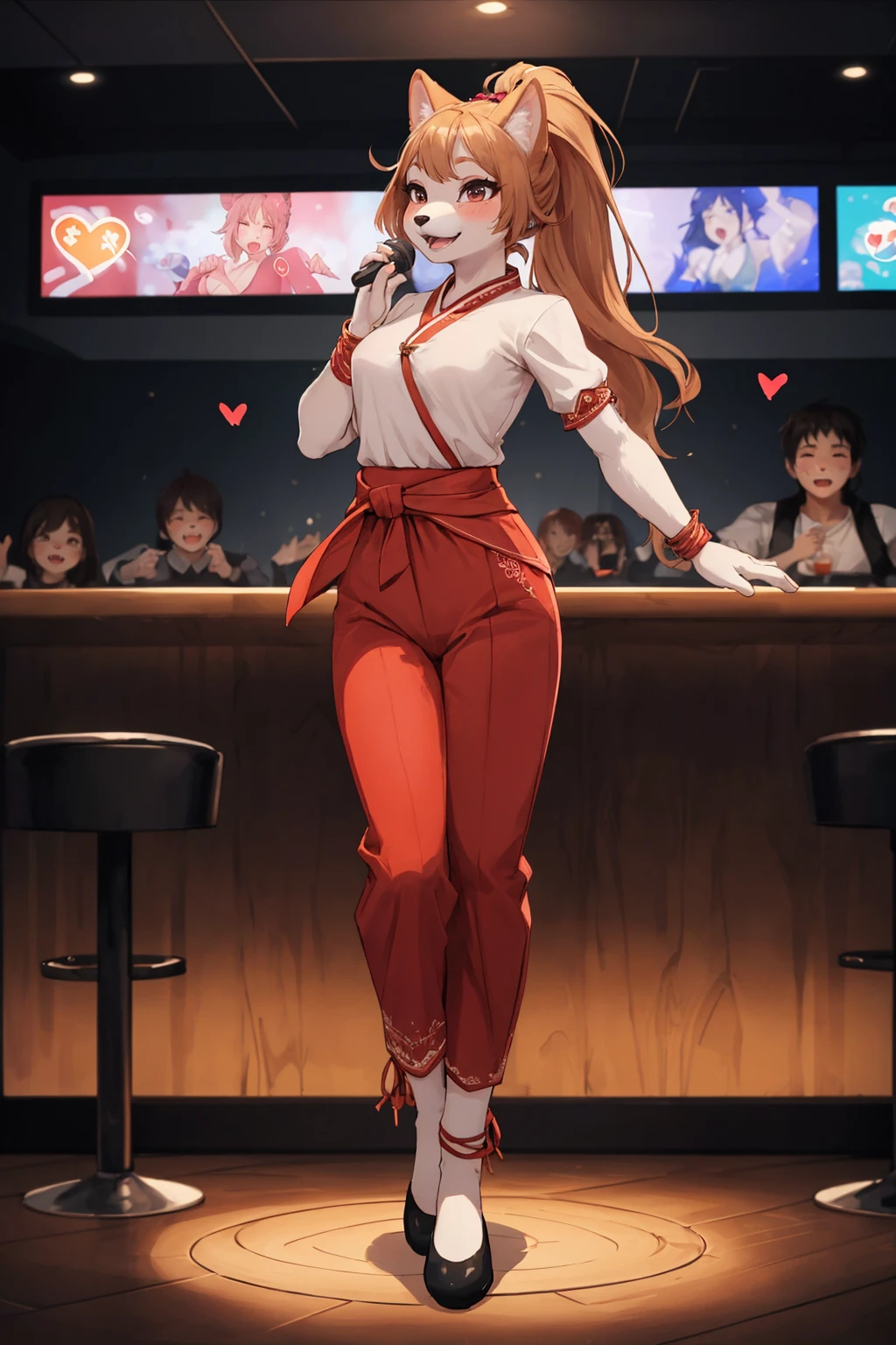 (depth of field:1.5),(full body shot:1.4),(high resolution:1.1) BREAK
(A bustling Korean karaoke bar with people singing their hearts out:1.3) BREAK
1girl,(furry:1.2),(snout:1.1),anthro,(Tied Back Ponytail:1.2) BREAK
Tunic and Pants (Traditional Central Asian attire) BREAK