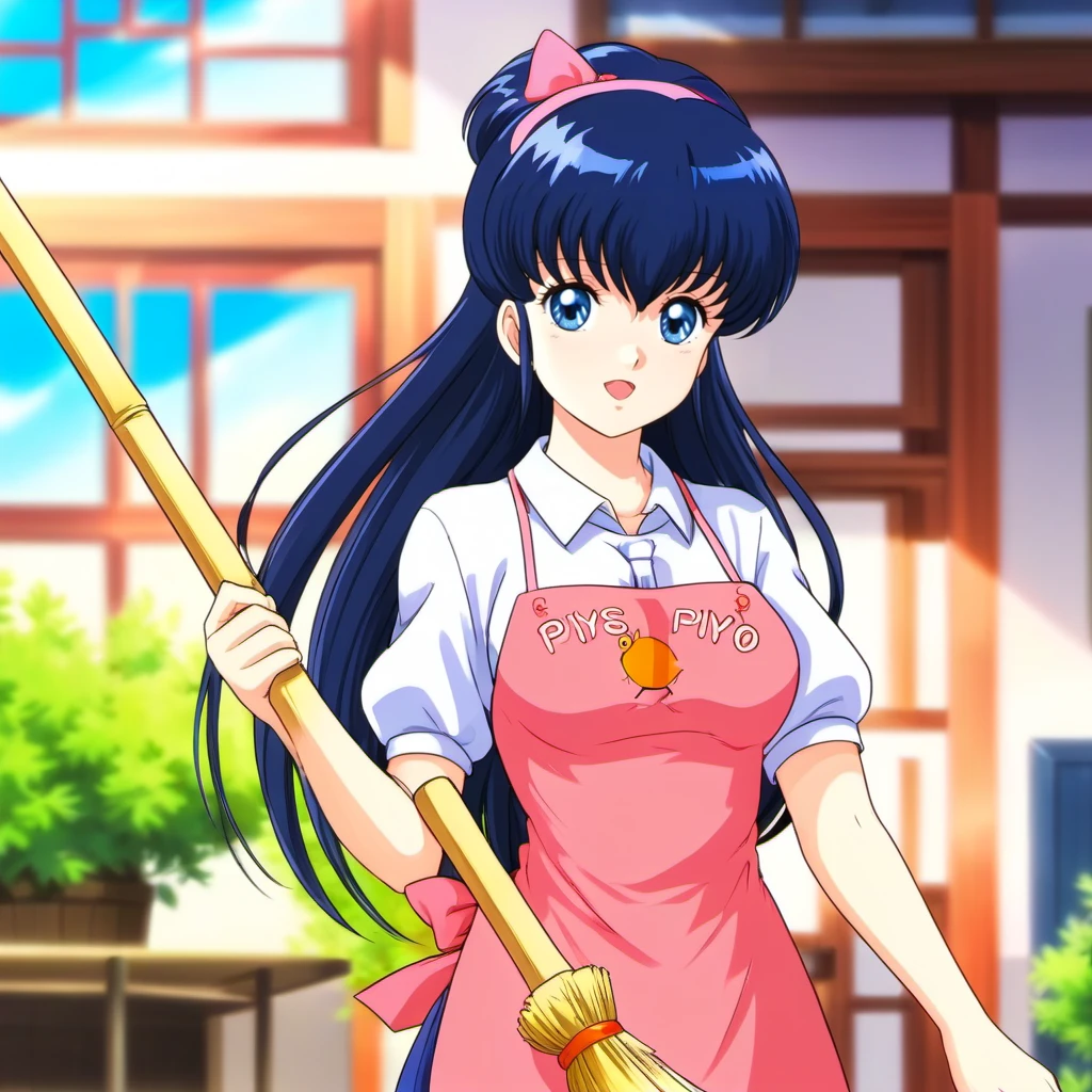 anime artwork 1girl, long black hair, bangs, blue eyes, apron, hair ribbon , broom<lora:KyokoOtonashi1024:0.8> . anime style, key visual, vibrant, studio anime,  highly detailed