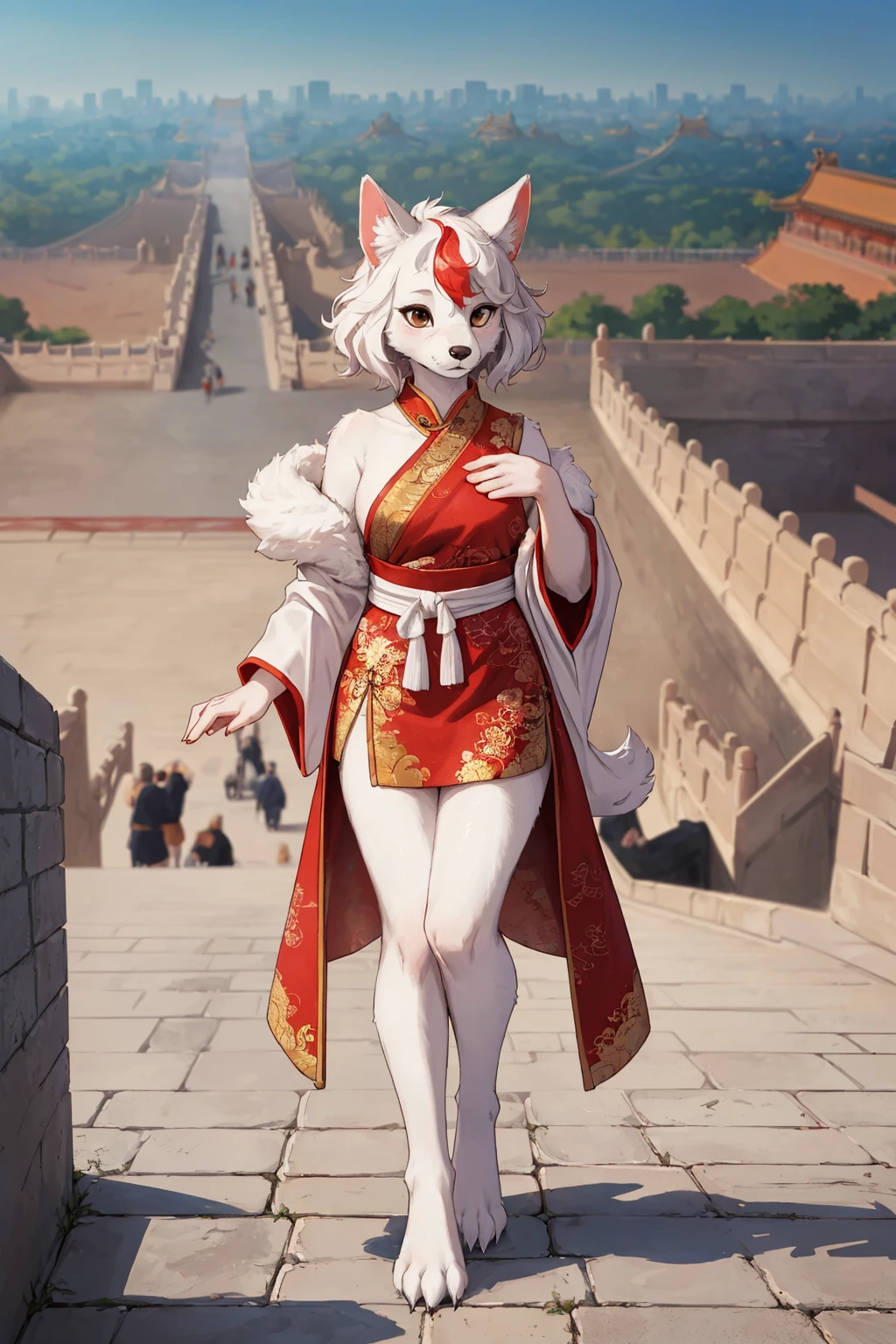 (depth of field:1.5),(full body shot:1.4),(high resolution:1.1) BREAK
(A majestic view of the Forbidden City in Beijing with its grand architecture:1.3) BREAK
1girl,(furry:1.2),(snout:1.1),anthro,(Short and Messy Hair with Tapered Sides:1.2) BREAK
Oshiroi (traditional white face powder) BREAK