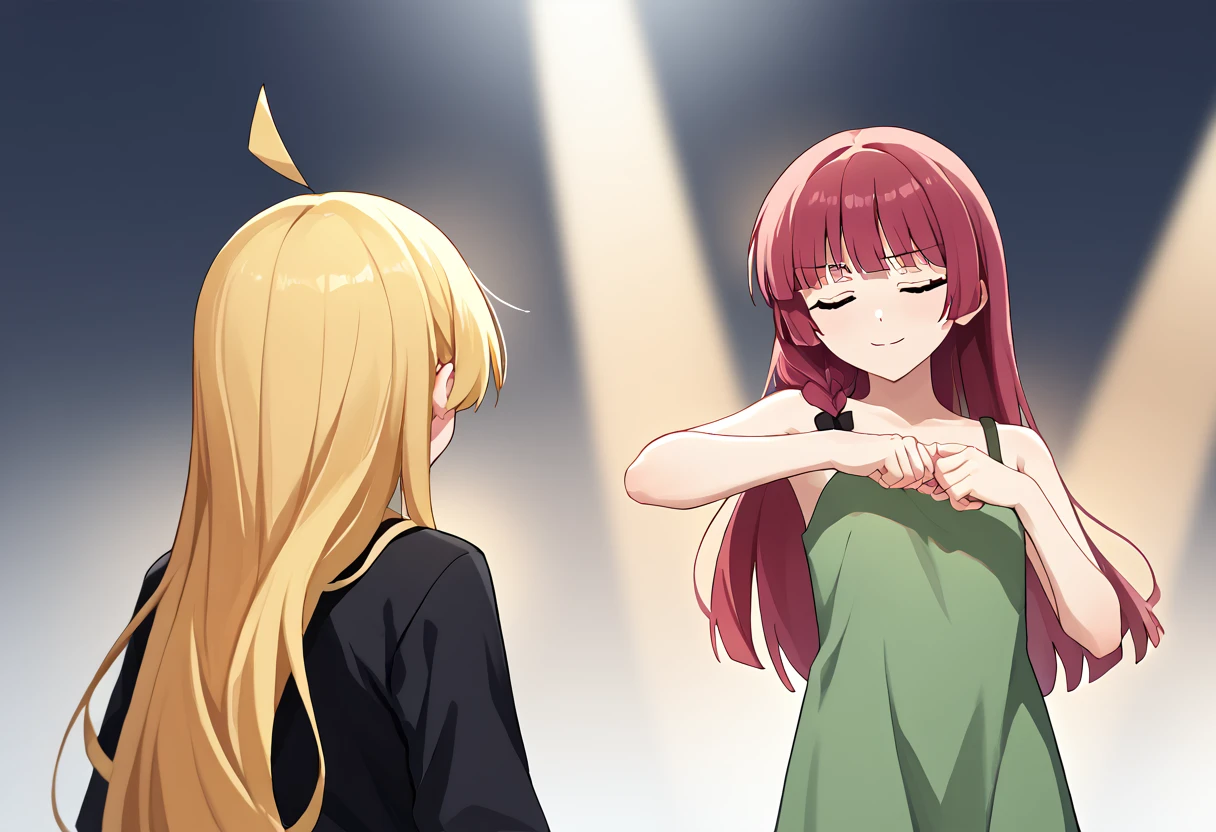 score_9, score_8_up, score_7_up, source_anime, 2girls, spotlight,
from behind, upper body, 1girl, ijichi seika, long hair, blonde hair, ahoge, black shirt, <lora:bocchi_seikaijichi_ponyXL:0.8>,
1girl, hiroi kikuri, smile, closed mouth, shikairodaysdance, dancing, closed eyes, single braid, hair over shoulder, hair bow, green dress, strap slip, bare shoulders <lora:bocchi_hiroi_ponyXL:0.8> <lora:meme_shikairodaysdance_ponyXL:1>