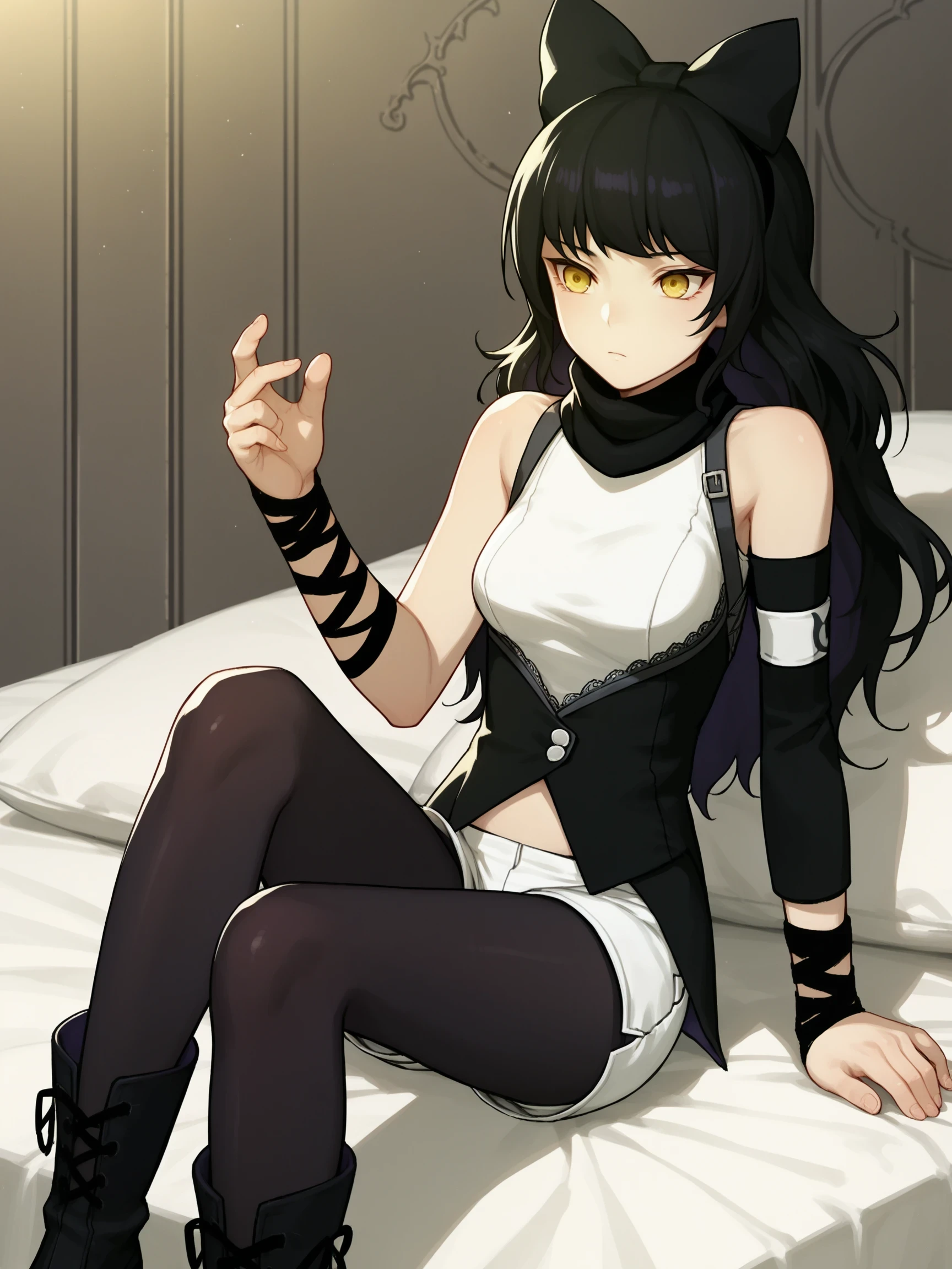 BlakeBelladonna, 1girl, black hair, yellow eyes,  Lying with one hand under the chin, score_9, score_8_up, score_7_up, source_anime, masterpiece, ((detailed indoors background)), furniture, 

, BlakeVol1Huntress, Black vest with coattails, single detached sleeve, white undershirt, black neck warmer, white shorts, black pantyhose, boots, ribbon, wrist wrap, bow, ribbon, hair bow