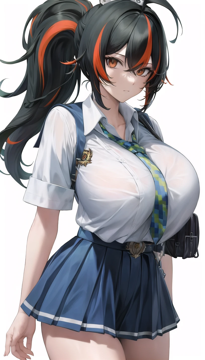 high ponytail, streaked hair, 
(school uniform:1.18),
(white background,simple background:1.18),
highres,official art,original,masterpiece,best quality,
(huge breasts),
<lora:zhuyuan2:0.8>