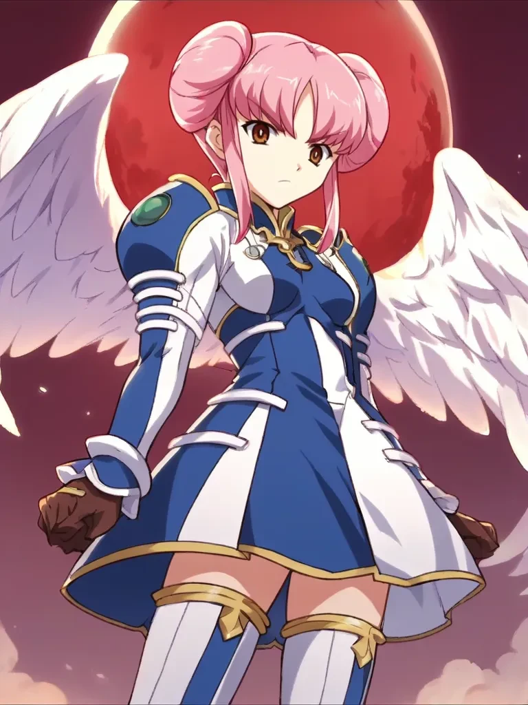 score_9, score_8_up, score_7_up, source_anime, 2d, anime_screencap <lora:rinreiranonlyyoupony:1>,
1girl, solo, rinreiran, pink hair, brown eyes, double bun, two-tone_dress, gloves, thigh boots, angel wings, standing, dutch angle, red moon, serious