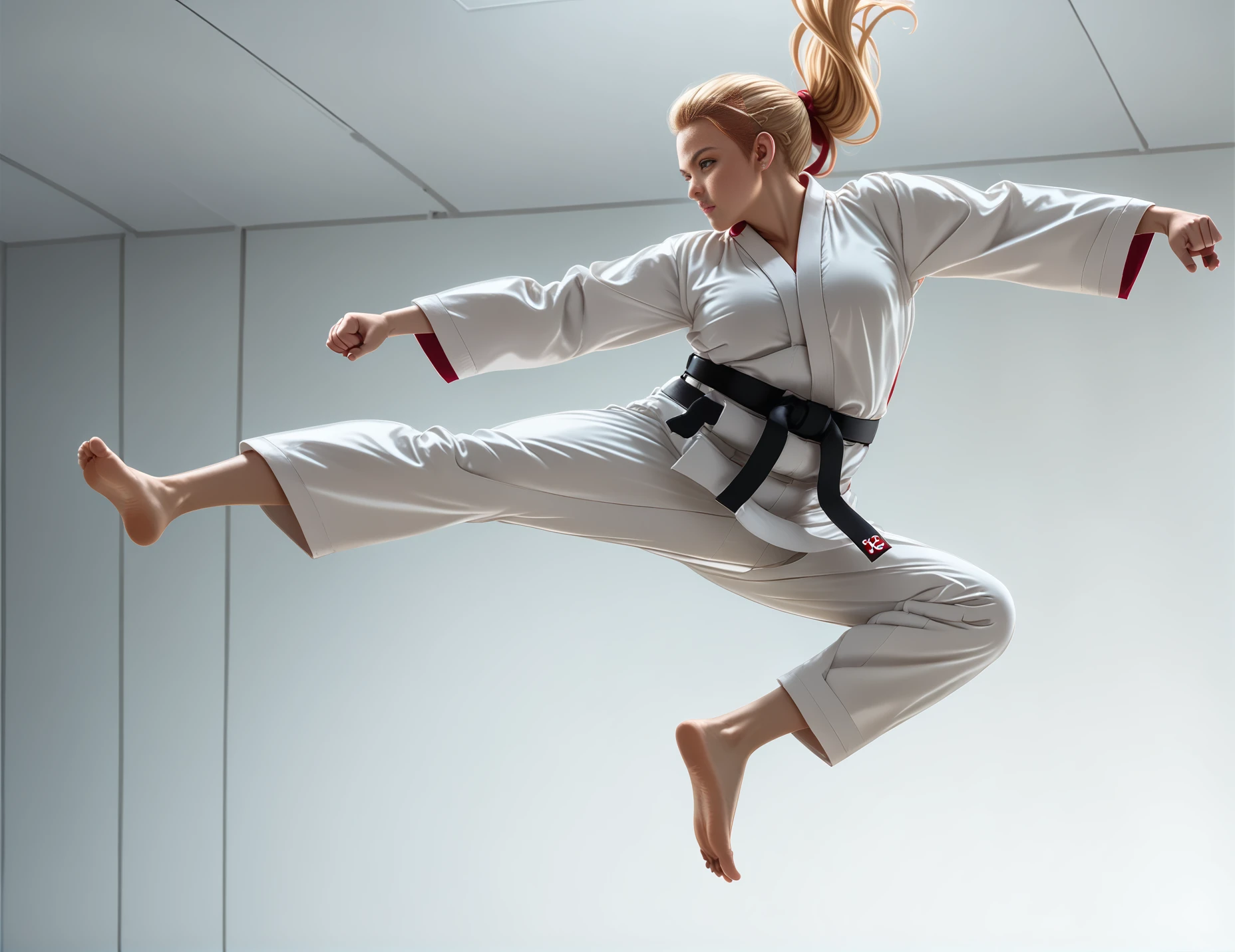 score_9, score_8_up, score_7_up, jusiki, side view, (slim 25yo female), doing a high jump sidekick, in dojo. karate uniform and black belt,long blonde straight hair <lora:JumpedSideKickPony-000007:1>