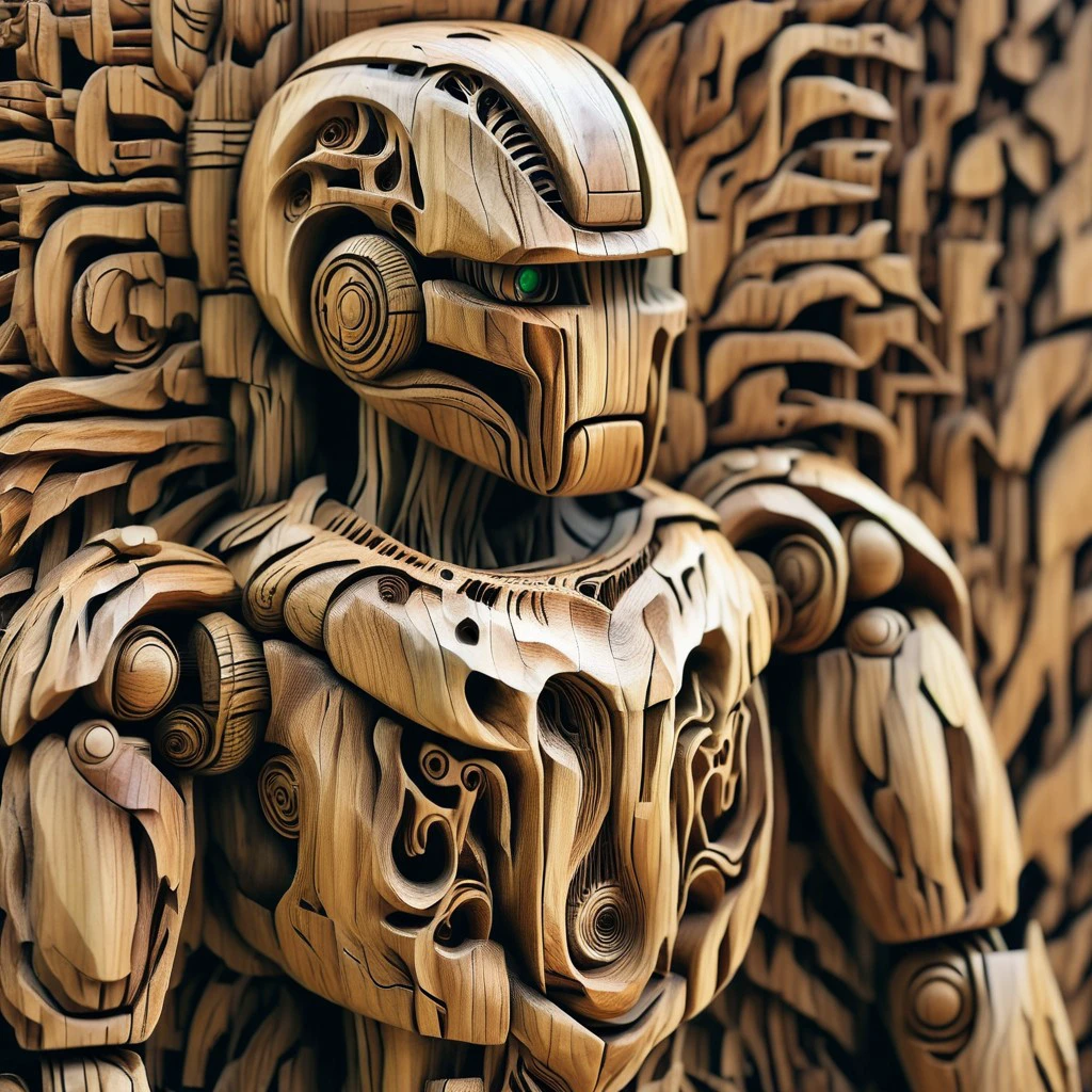 made of wood, wooden, detailed robot,