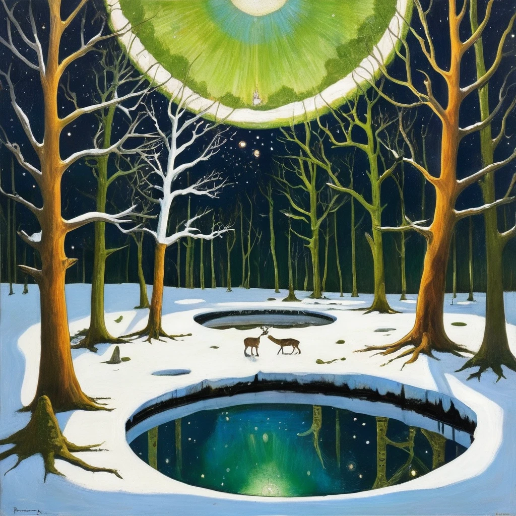 oil painting art by peter doig, night sky, occult, arboreal robes, people, portal to heaven, glowing air stream tree channel, <lora:AborealNewNew:1>, (((Green Nature Night Photography Art))), green moss cave, fire, deer, eye of providence, landscape, abstract nature art, blue river, white snowcap mountains, stars in the night sky, magic circles