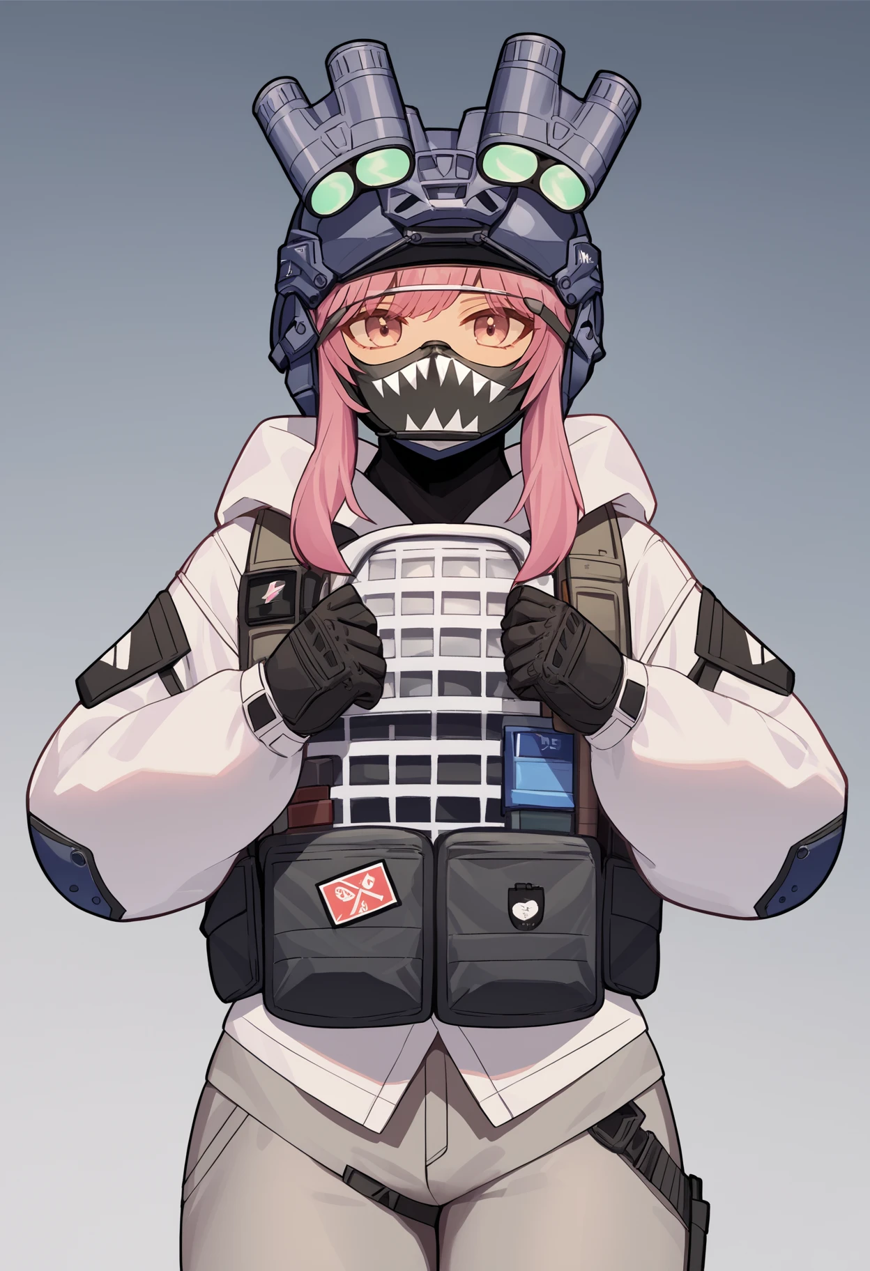 score_9, score_8_up, score_7_up, source_anime BREAK 1girl, solo, <lora:soldiereg-nikke-richy-v1_pdxl:1> sldreg, pink eyes, pink hair, bangs, helmet, headgear, goggles, mask, white hoodie, bulletproof vest, tactical clothes, grey pants, standing, looking at viewer