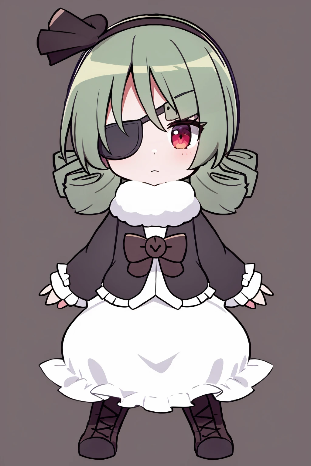 masterpiece, best quality,
1girl, krilalaris, chibi, green hair, bangs, black hairband, red eyes, eyepatch, 
black jacket, bow, cross-laced boots, long sleeves, white shirt,  frilled skirt, white skirt, frills,
full body, standing, solo, looking at viewer, simple background    <lora:Krilalaris:1>