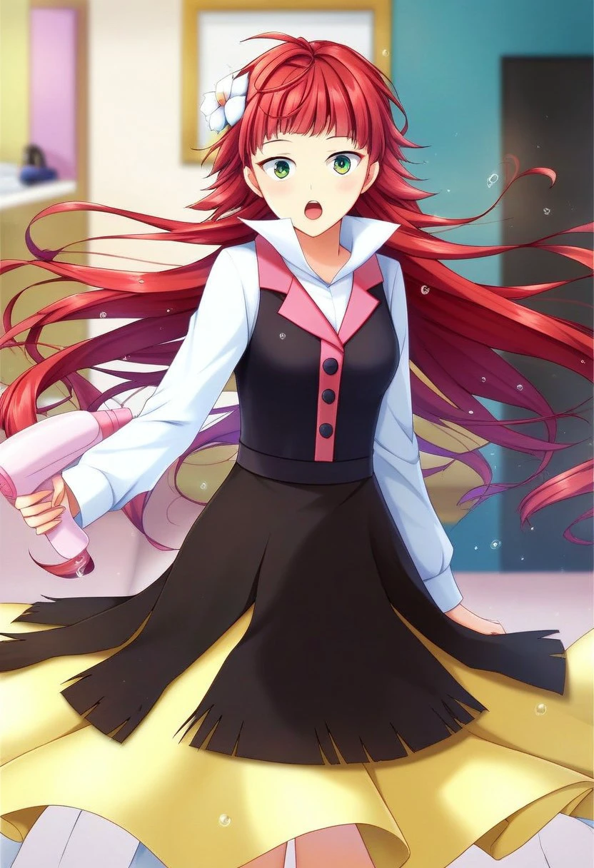 1girl, braid, twin braids, red hair, bangs, long hair, hair ornament, flower, hair flower, green eyes, dress, skirt, vest, long sleeves, white shirt, frills, white socks, socks, mary janes, shoes, hair dryer, drying hair, wet hair, floating hair, wind, looking at viewer, open mouth, surprised, :o