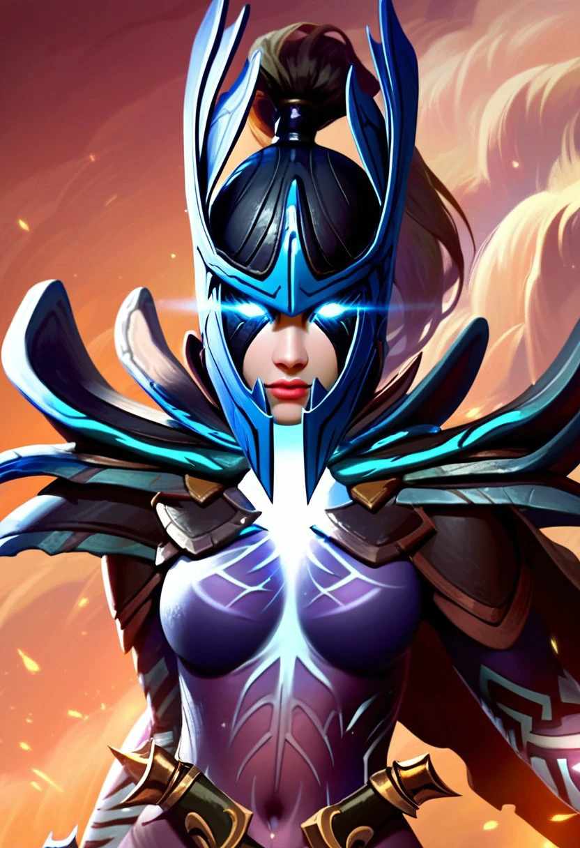 score_9, score_8_up, score_7_up, score_6_up, derpibooru_p_95, source_anime, very aesthetic, anime screencap, anime coloring, 
phantom assassin arcana, phantom assassin arcana \(dota 2\), 1girl, solo, long hair, breasts, looking at viewer, blue eyes, upper body, ponytail, weapon, armor, lips, glowing, helmet, shoulder armor, glowing eyes