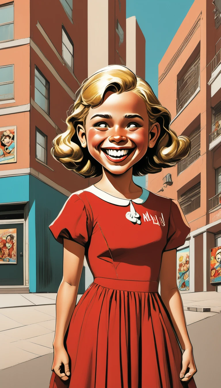 <lora:MeanNelly_Pony_XL:1> A MeanNelly girl with a big smile. The building has colorful posters on its side. Red dress.