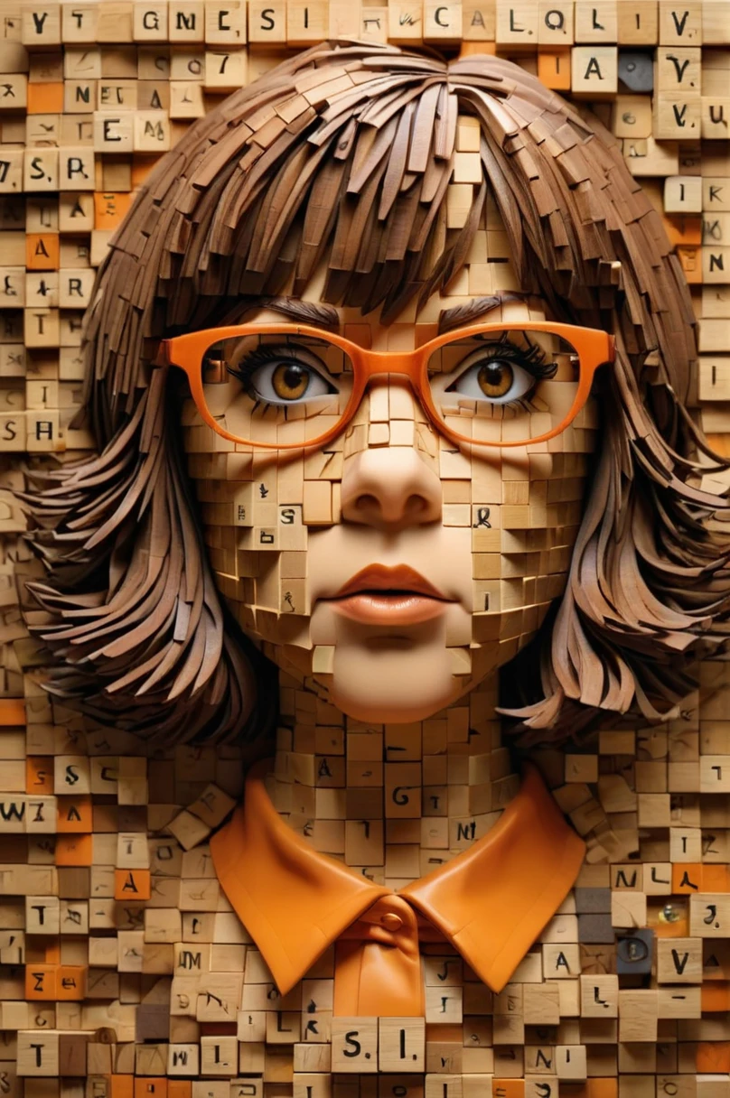 (Velma Dinkley sculpture made out of scrabblestyle:1.4)  <lora:scrabblestyleXL_LoRA:1>