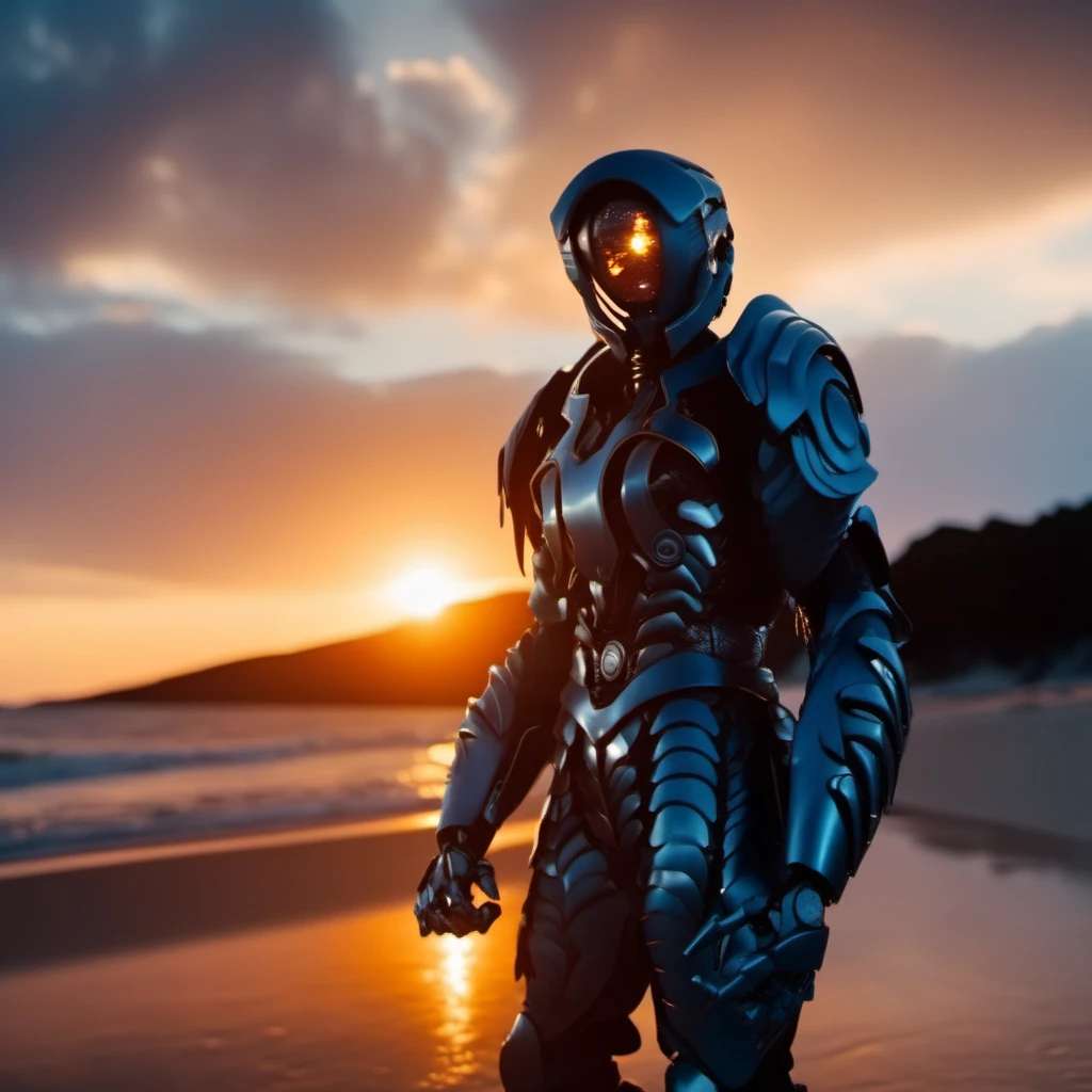 cinematic photo a full body portrait of robot, armor, helmet, fighting stance on the beach, sunset <lora:LIS-V3:0.8> . 35mm photograph, film, bokeh, professional, 4k, highly detailed