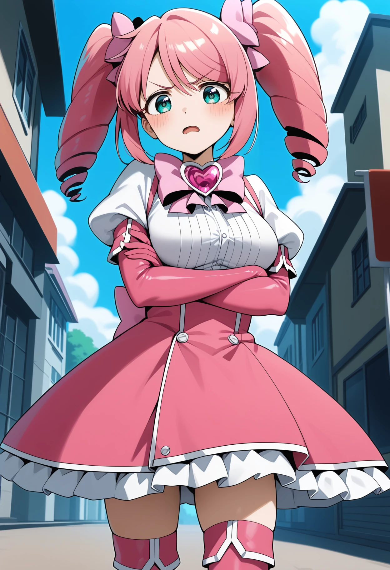 score_9, score_8_up, score_7_up, score_6_up, score_5_up, score_4_up, source_anime, aaharuka, pink hair, twintails, drill hair, aqua eyes, breasts, magical girl, pink bowtie, brooch, pink dress, white shirt, puffy sleeves, short sleeves, elbow gloves, pink gloves, frills, pink thighhighs, <lora:hanabishi_haruka_ponyxl_v1:0.9>, frown, open mouth, crossed arms, standing, cowboy shot, outdoors