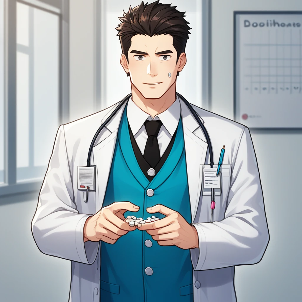 score_9, score_8_up, score_7_up, score_6_up, score_5_up, score_4_up, zPDXL2,source_anime,rating_questionable, 1man, cowboy shot, doctor, labcoat, holding pills, loose pills in hand, <lora:Medicine_Pills:0.8> med1c1nes,