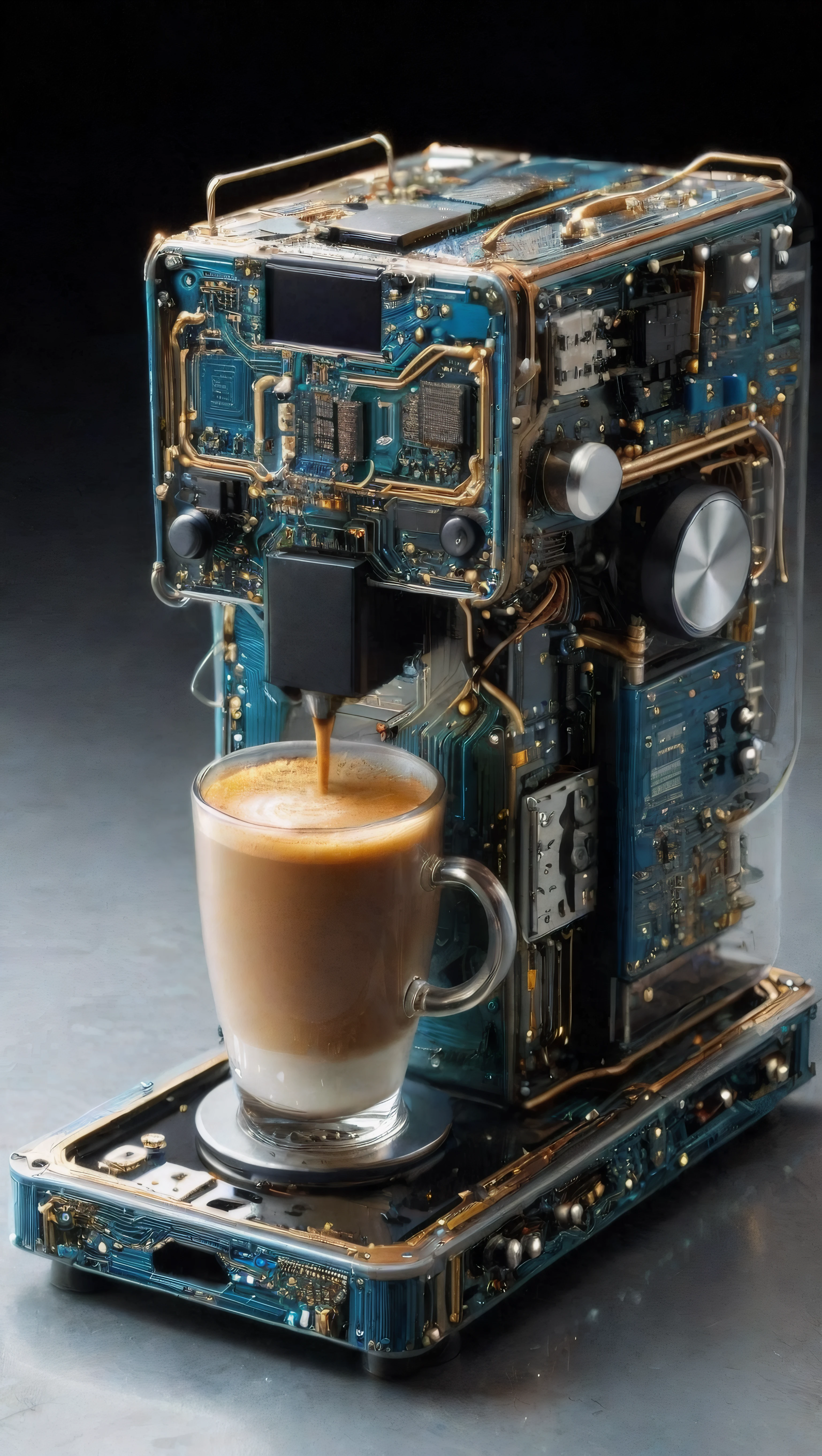 <lora:lcm-lora-sdxl:1>,<lora:add-detail-xl:1>,<lora:Cybernetic_Style_-_World_Morph:1>,wm_cyber,coffee machine made of circuits,