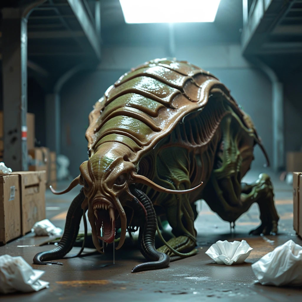 score_9, score_8_up, score_7_up, rating_explicit.
BREAK dystopian indoor sci-fi cinematic still, grotesque-looking alien creature that resembles a tadpole with milky ribbed skin adorned with a obsidian black pattern. Fidgeting in a green-brown organic slurry inside concrete bunker. Early morning natural light streaming through a narrow embrasure, soft shadows. Detailed observation of vile organoids and remains of alien organisms scattered around. The impression is that a massive alien creature has exploded from within, leaving behind remnants of tissue and a creepy-looking white tadpole-slug.
BREAK An unsettling alien creature is fidgeting in the center of the scene. This creature closely resembles a tadpole but with an otherworldly twist. Its skin is milky and ribbed, adorned with an black pattern. The creature appears to be in distress, possibly reacting to the environment around it.
BREAK The floor of the concrete bunker is coated with a thick, green-brown organic slurry. This slurry appears to be the remnants of the exploded alien creature, with bits of tissue and other organic matter scattered throughout. The texture is wet and slimy, adding to the overall grossness of the scene.
BREAK zPDXL2 <lora:Obsidianify-000015:0.1>
