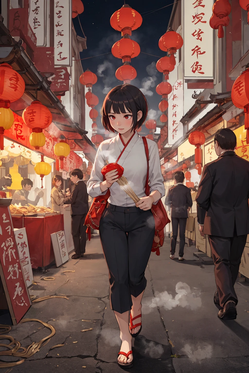 (depth of field:1.5),(full body shot:1.4),(high resolution:1.1) BREAK
(A bustling Chinatown rooftop marketplace with steaming noodle stalls and red lanterns hanging overhead at night (Action thrillers).:1.3) BREAK
1girl,(Layered Pixie Cut:1.2) BREAK
Tobi trousers BREAK