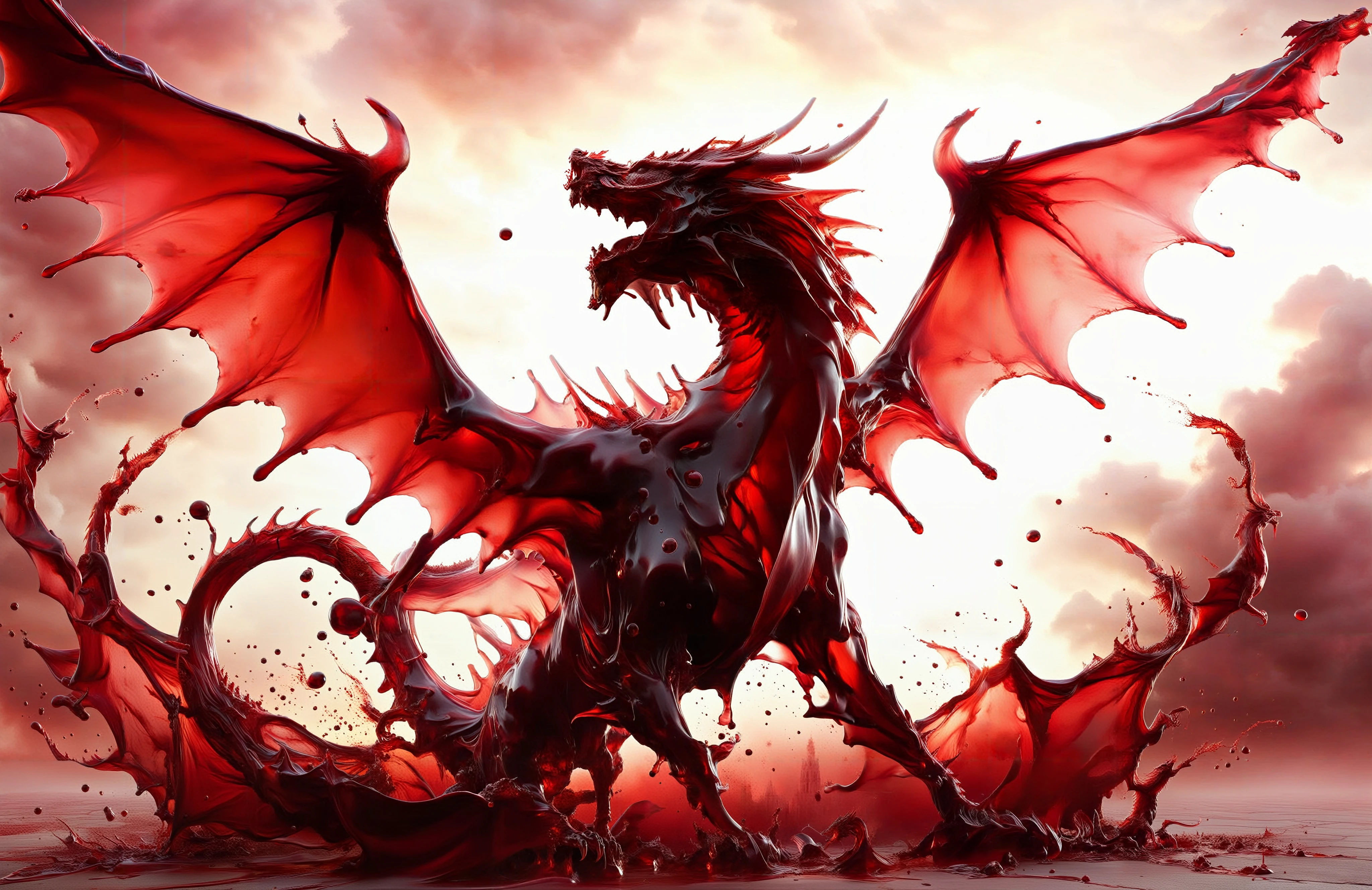 <lora:Blood for the Blood God:1>,Blood for the Blood God,blood,(A dragon all made from blood:1),full body,open mouth,roaring,wings,(flyling in the sky beyond a forgotten battlefield),RAW photo,best quality,(realistic, photo-realistic:1.3),masterpiece,extremely detailed,an eerie atmosphere,<lora:add-detail-xl:1>,<lora:Classic Western Dragons XL:1>,<lora:great_lighting:0.8>,