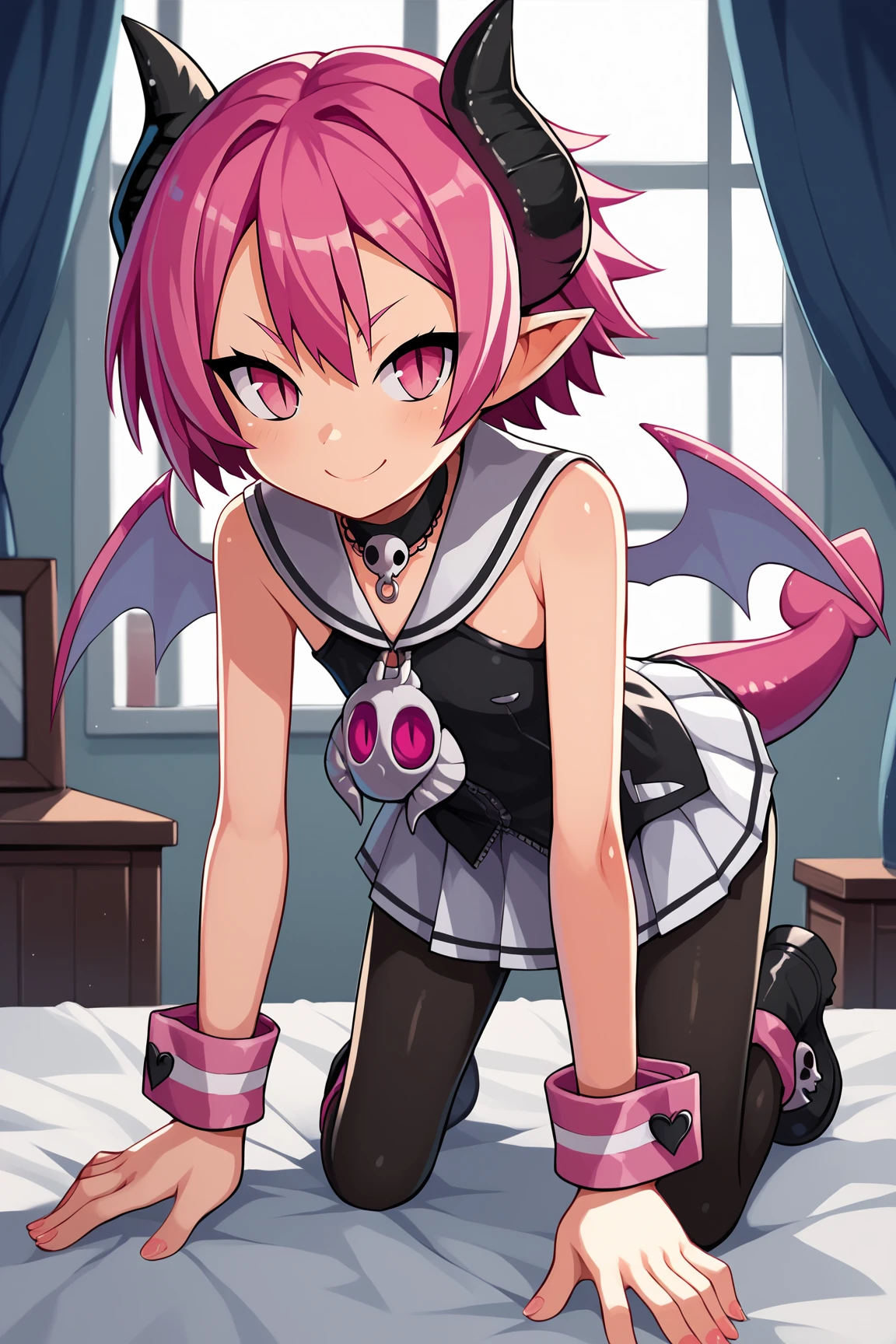 score_9, score_8_up, score_7_up, score_6_up, BREAK, RaspberylD3XL, slit pupils, pink eyes, pink hair, short hair, pointy ears, black horns, tail, flat chest, wings, necklace skull, bare shoulders, white sailor collar, black dress, pink wrist cuffs, white skirt, black pantyhose, black boots, solo, all fours, seductive smile, looking at viewer, indoors <lora:RaspberylD3XL:0.8>