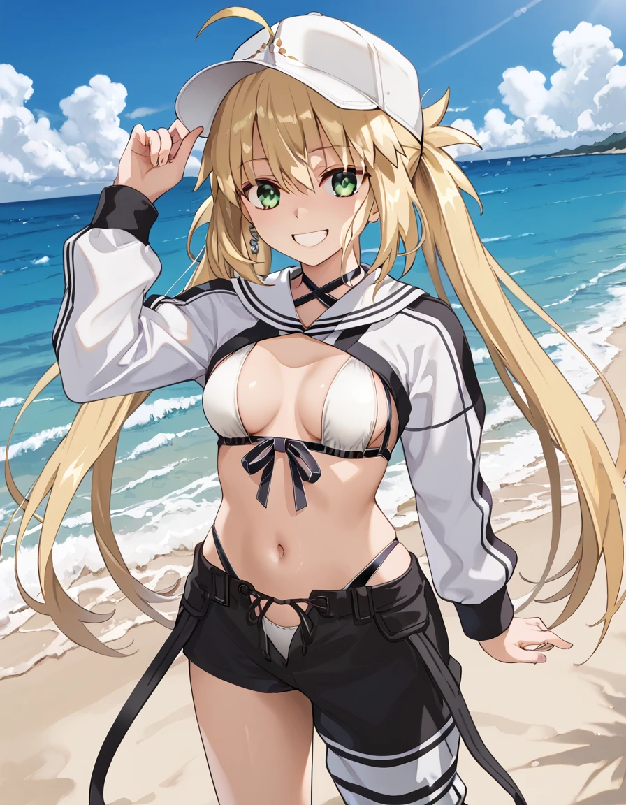 Young girl, black skin, blonde hair, long hair, green eyes, wearing puffer pink coat, white hat, black bikini, smiling, in a beach, sunset, 4k, mastepriece, gyaru,