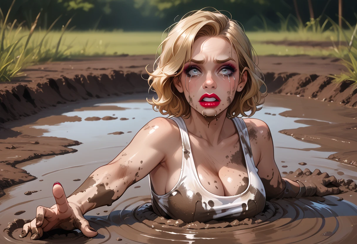 score_9, score_8_up, score_7_up, score_6_up, 1girl, makeup, lipstick, blonde hair, hud_quiks4nd, mud, quicksand, outdoors, partially submerged, dirty face, <lora:hud_quiks4nd_XLP:0.8>, cleavage, large breasts, tank top, dirty clothes, crying, reaching towards viewer,