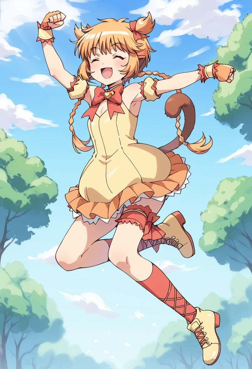 score_9, score_8_up, score_7_up, source_anime, BREAK
mew pudding, 1girl, solo, tail, closed eyes, blonde hair, open mouth, smile, full body, day, short hair, cross-laced footwear, :d, twintails, cloud, outdoors, dust cloud, quad tails, arms up, two-tone hair, tree, bowtie, ribbon, wrist cuffs, thigh strap, blue sky, eyebrows visible through hair, bangs, blurry background, jumping, short twintails, multicolored hair, sleeveless dress, twin braids, yellow dress, happy, armpits, socks, red bow, > <, dancing, orange hair, ankle lace-up, monkey tail, monkey ears, two side up, red neckwear, hair ornament, arm garter, caramelldansen, facing viewer, footwear ribbon, skirt, bare shoulders, detached sleeves, wristband, standing, leg ribbon, hands up, garters, long hair, red legwear, shoe soles, puffy short sleeves, brown footwear, leg garter, orange footwear, paw pose, armband, choker, depth of field, short dress, kneehighs, ^ ^, sidelocks, dust, fingerless gloves, frills, single braid, small breasts, flat chest, cloudy sky, blush, arm strap, lace-up boots, puffy detached sleeves, bridal garter, orange gloves, clenched hands, orange dress, standing on one leg, yellow footwear
<lora:mew_pudding_fong_pudding_sdxl_locon_pony_v1:0.7>