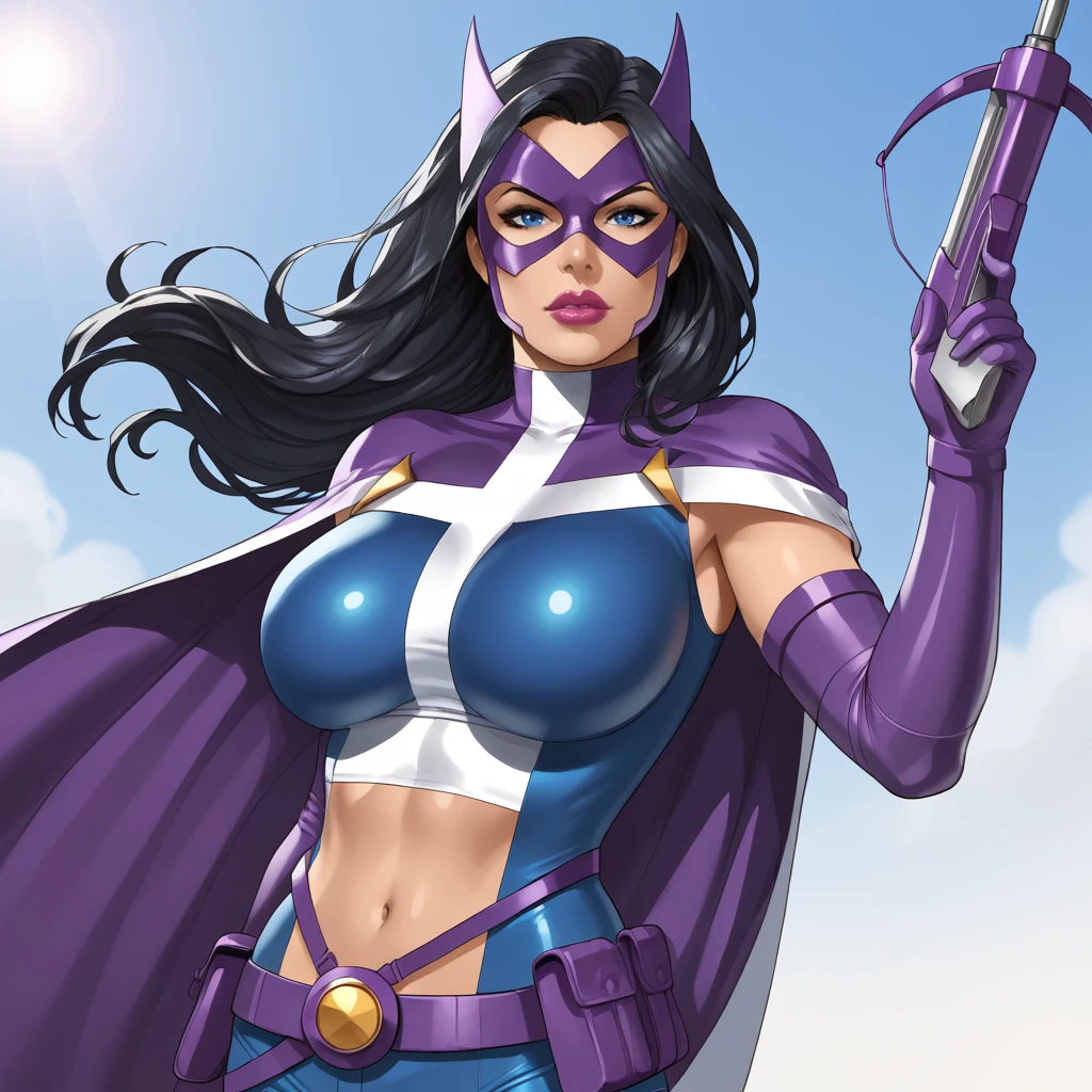 <lora:huntress_pony_v1:.7> huntressdccomics, 1girl, solo, black hair, superhero, large breasts, mask, utility belt, cape, long hair, elbow gloves, navel, midriff, blue eyes, purple gloves, lips, lipstick, makeup, belt pouch, crop top, leotard, giant breasts