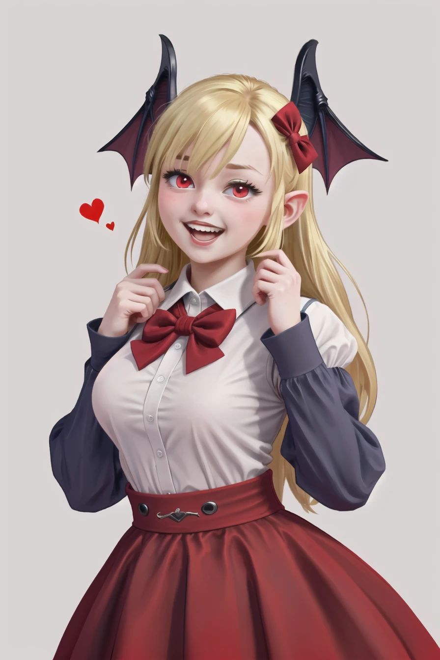 1girl,solo,long hair,blonde hair,pointy ears,red eyes,skirt,shirt,heart,fangs,vampire,smile,white shirt,bangs,head wings,looking at viewer,open mouth,blush,frills,wings,long sleeves,v,vampy,hand up,red background,hair between eyes,upper body,simple background,blue skirt,:d,bat wings,red wings,brooch,bow,very long hair,puffy long sleeves,collared shirt,puffy sleeves,frilled shirt collar,center frills,