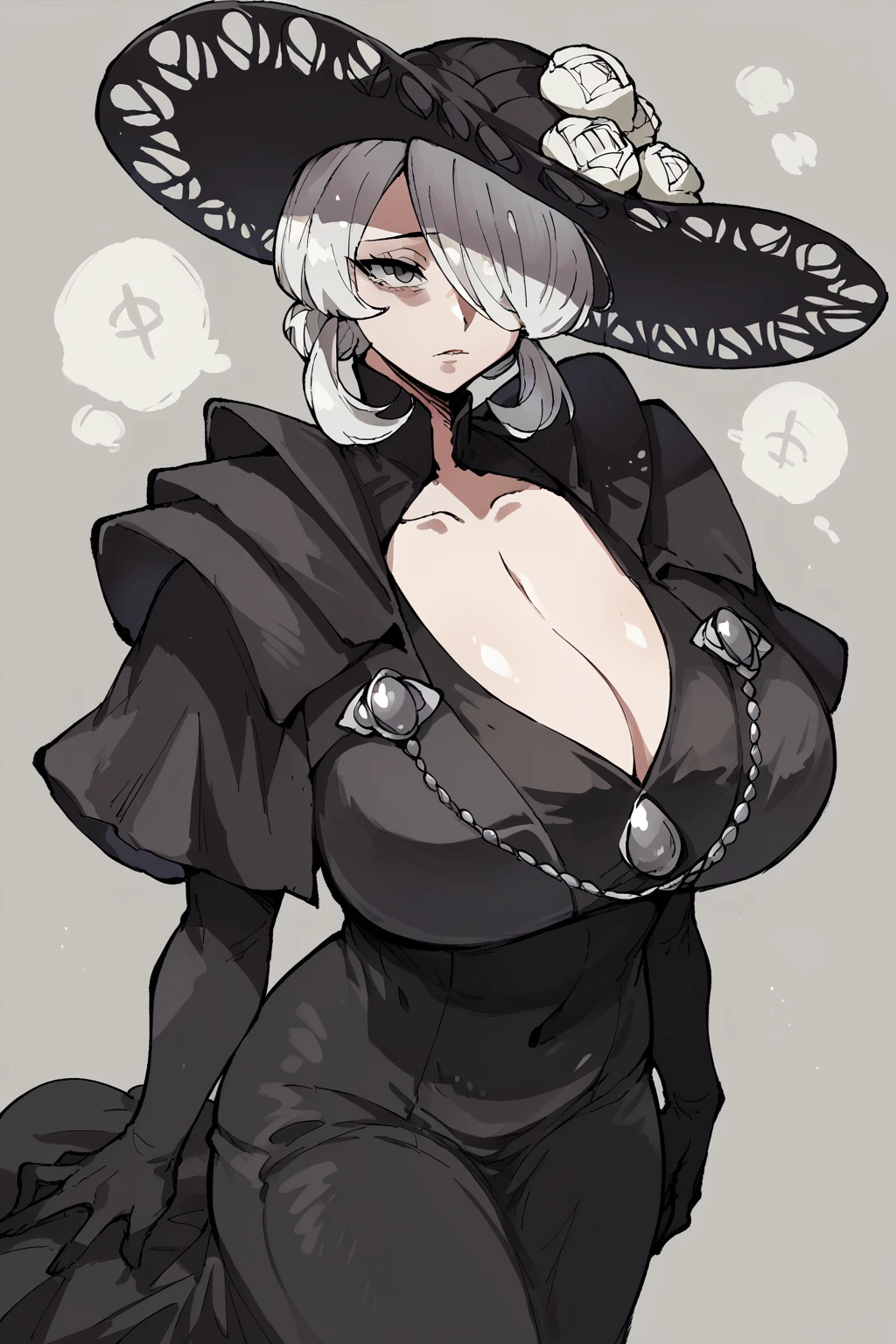 score_9, score_8_up, score_7_up, score_6_up, 1girl, Cogita, white hair, short hair, hair over one eye, grey eyes, Black dress, black headwear, hat, huge breasts, cleavage, impossible clothes<lora:EMS-426988-EMS:1.000000>, <lora:EMS-375728-EMS:0.800000>