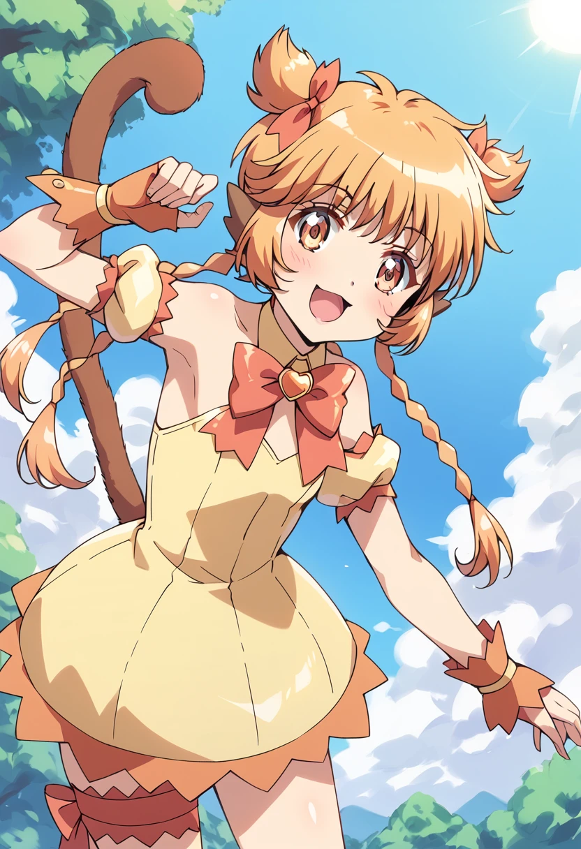 score_9, score_8_up, score_7_up, source_anime, BREAK
mew pudding, 1girl, solo, tail, open mouth, twin braids, blonde hair, long hair, brown eyes, bare shoulders, day, twintails, hair bow, outdoors, yellow eyes, orange eyes, cloud, eyebrows visible through hair, puffy detached sleeves, yellow dress, wrist cuffs, flat chest, brown hair, :o, smile, shiny hair, detached sleeves, monkey tail, monkey ears, hair ribbon, orange hair, eyelashes, red bow, orange bow, short hair, arm garter, tree, bowtie, hair ornament, armlet, light brown hair, bangs, blush, orange choker, blue sky, depth of field, puffy short sleeves, brooch, anime coloring, orange gloves, fingerless gloves, wrist cuffs, yellow choker, armband, sleeveless dress, red neckwear, short twintails, strapless dress, armpits, two side up, bridal garter, thighs,
<lora:mew_pudding_fong_pudding_sdxl_locon_pony_v1:0.7>