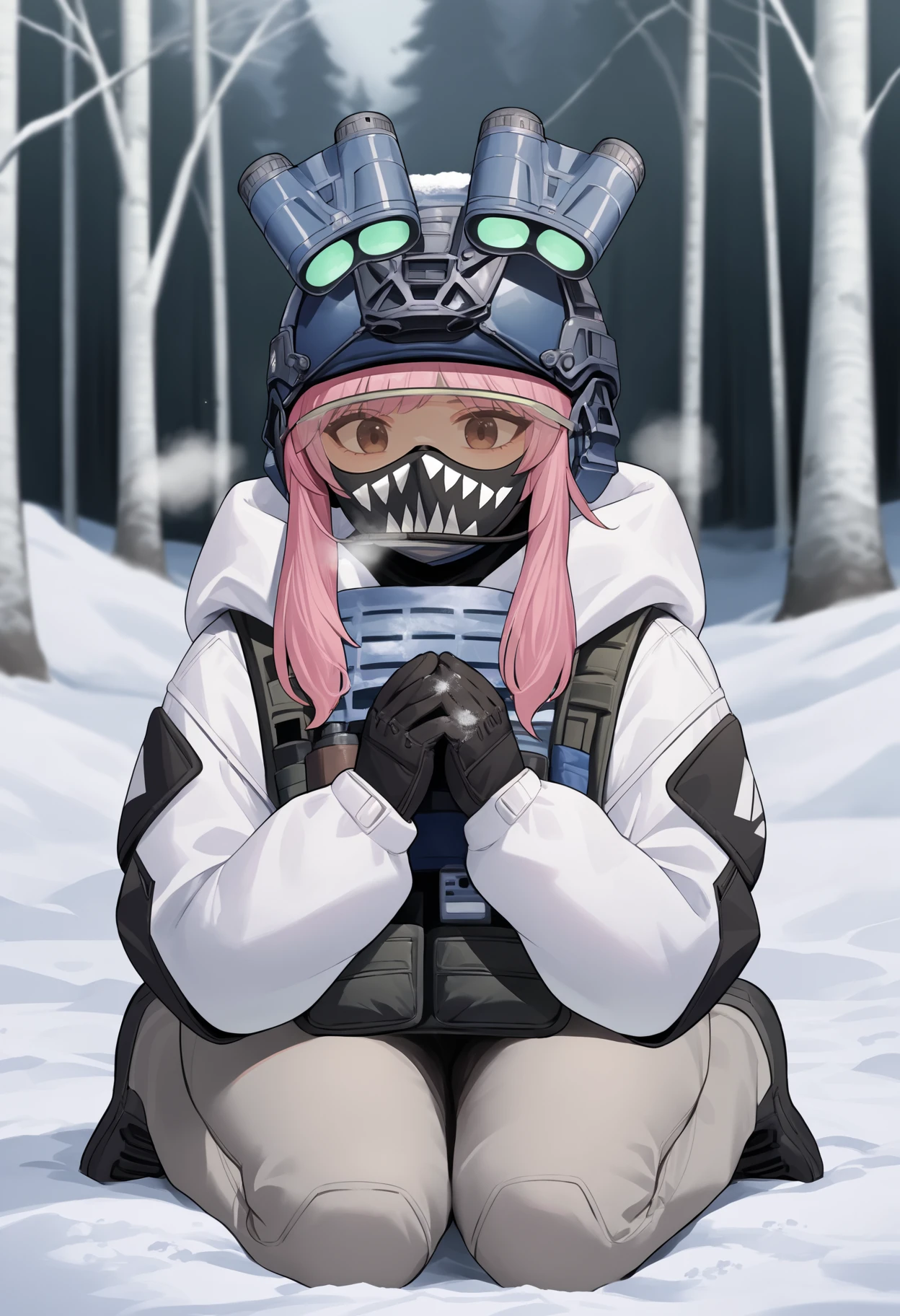 score_9, score_8_up, score_7_up, source_anime BREAK 1girl, solo, <lora:soldiereg-nikke-richy-v1_pdxl:1> sldreg, pink hair, bangs, helmet, headgear, goggles, mask, white hoodie, bulletproof vest, tactical clothes, gloves, grey pants, sitting, outdoors, forest, winter, snow, cold, dark, kneeling