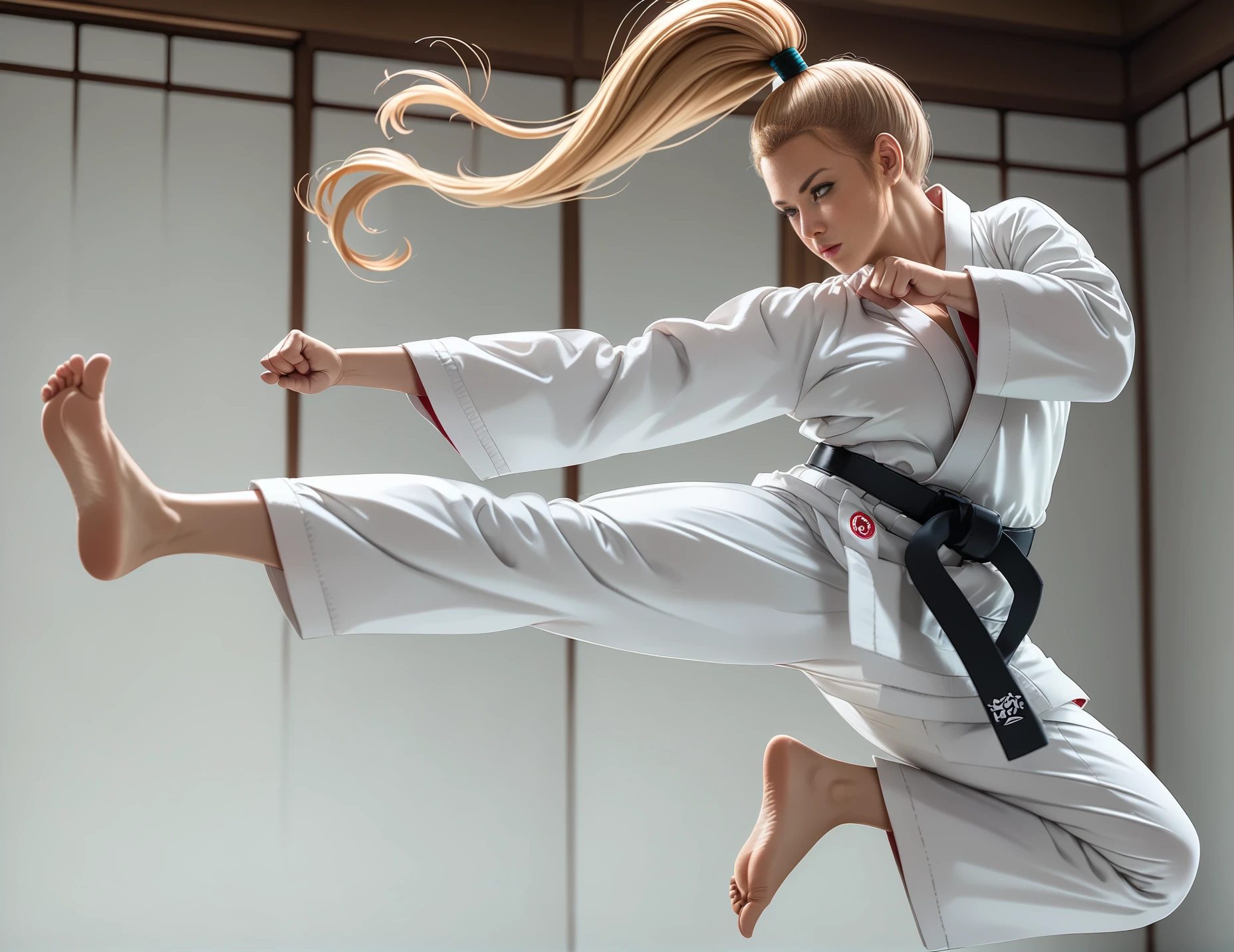 score_9, score_8_up, score_7_up, jusiki, side view, (slim 25yo female), doing a high jump sidekick, in dojo. karate uniform and black belt,long blonde ponytail <lora:JumpedSideKickPony-000007:1>