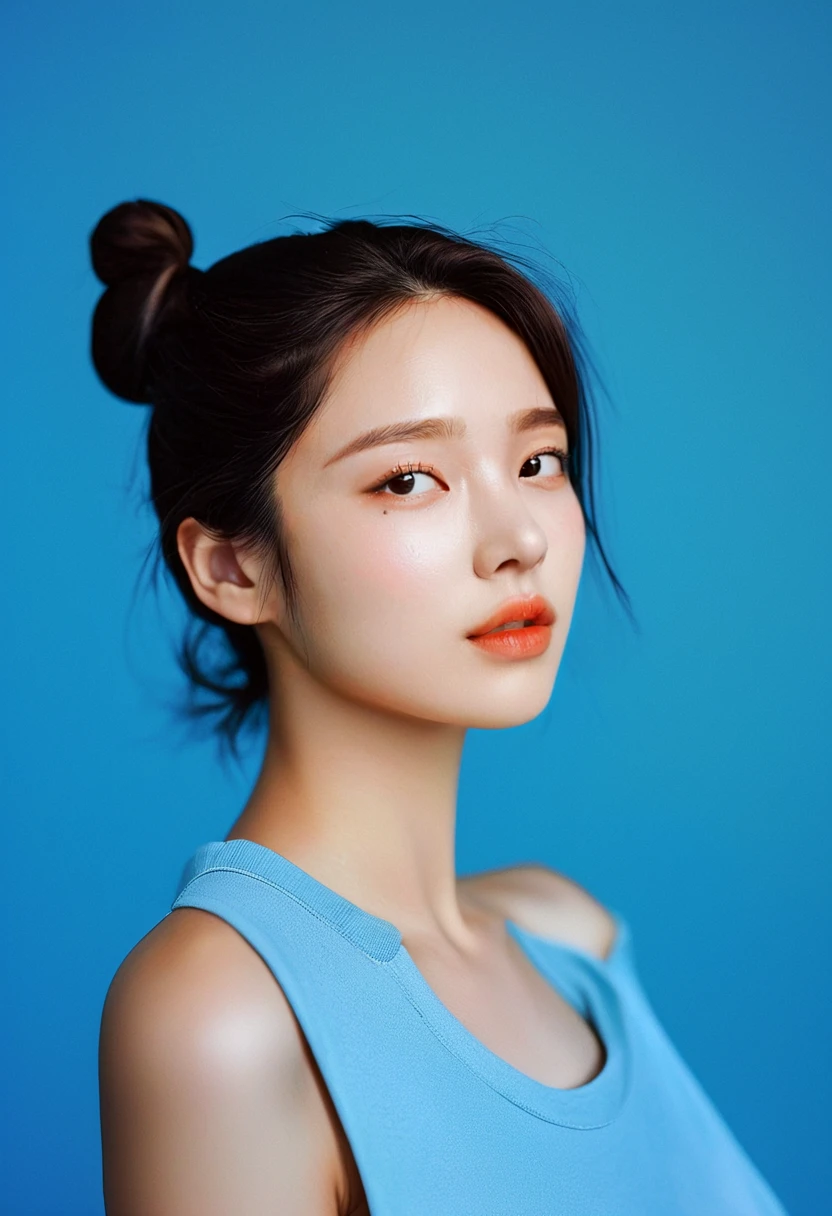 photorealistic, dal, 1girl, solo, realistic, mole, sleeveless, black hair, lips, hair bun, upper body, shirt, single hair bun, black eyes, blue shirt, brown hair, simple background, detailed background, film photography aesthetic, film grain, analog photography, asian,