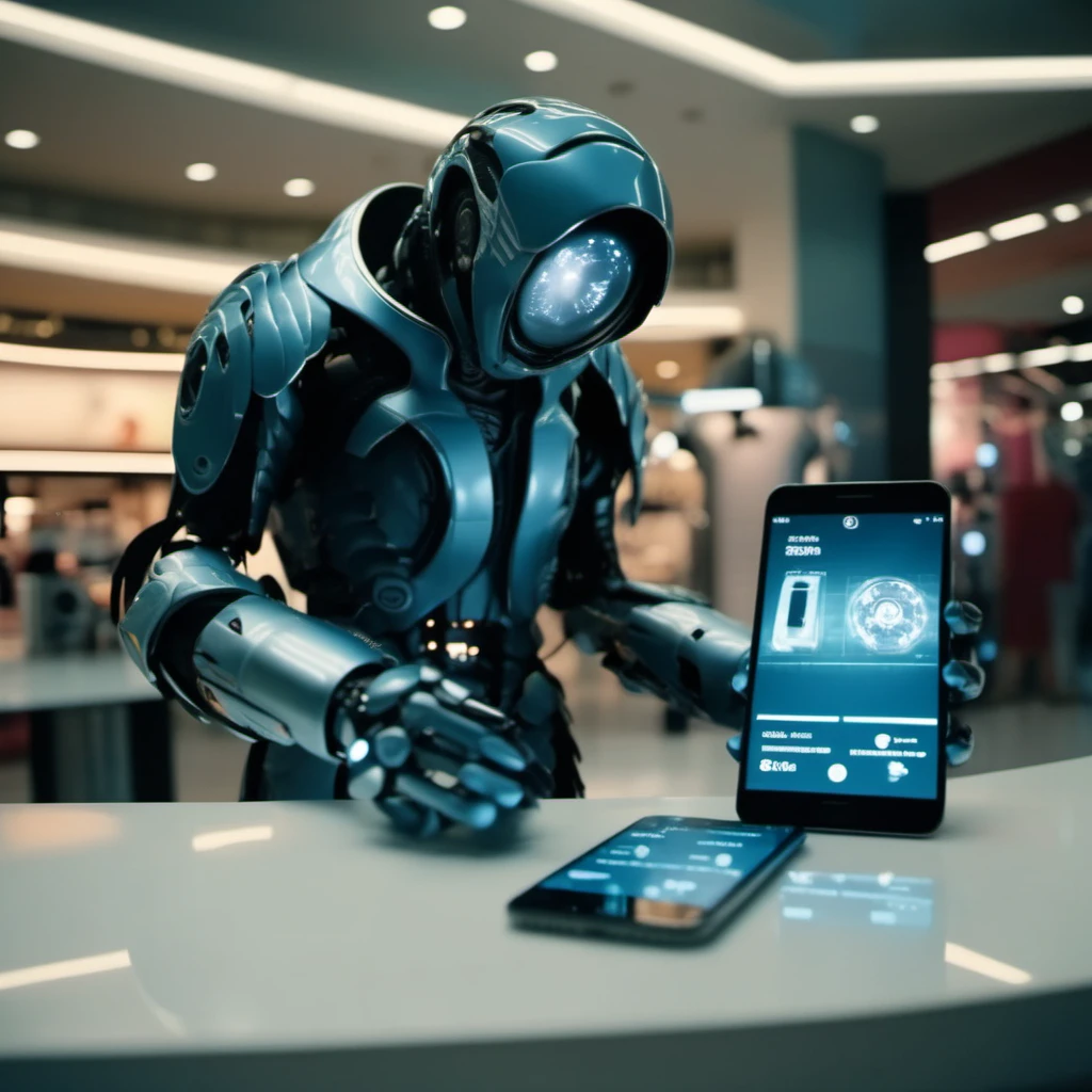 cinematic photo robot repair smartphone in a mall <lora:LIS-V3:0.8> . 35mm photograph, film, bokeh, professional, 4k, highly detailed