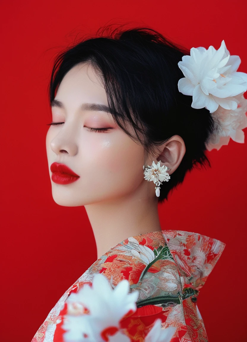 photorealistic, dal, 1girl, solo, looking at viewer, short hair, black hair, hair ornament, closed mouth, jewelry, upper body, closed eyes, flower, earrings, japanese clothes, hair flower, kimono, hair bun, sash, makeup, white flower, lipstick, red background, dragon, red lips, chinese zodiac, eastern dragon, year of the dragon, detailed background, film photography aesthetic, film grain, analog photography, japanese, 