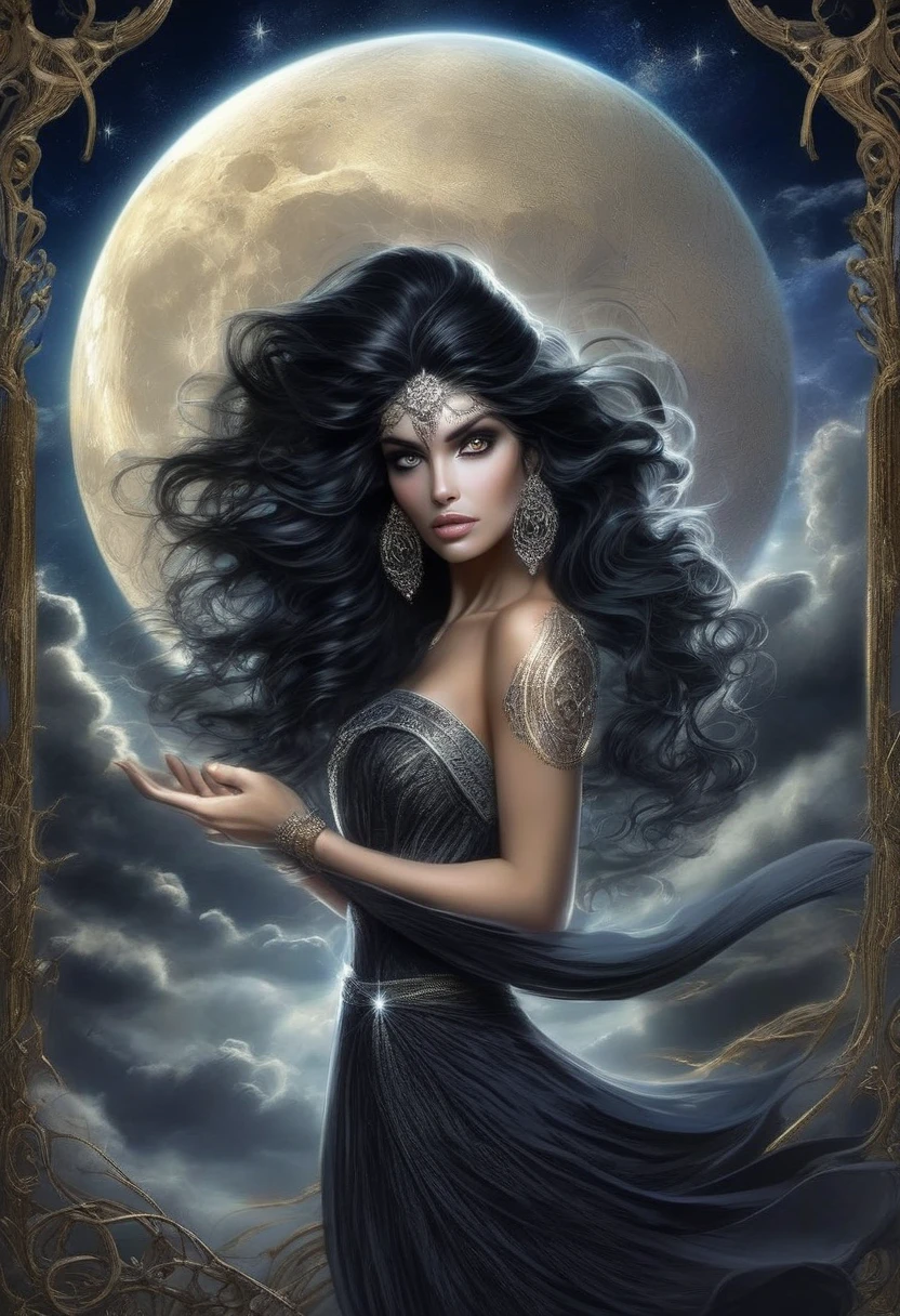 data-000051-dalle-female style, A mesmerizing portrait of a beautiful woman as a mystical sorceress under a full moon. She has long, flowing black hair with silver streaks and wears a dark, elaborate gown with star and moon patterns. Her eyes glow with an otherworldly light, and she is surrounded by swirling mist and a starry night sky with a large, luminous moon.