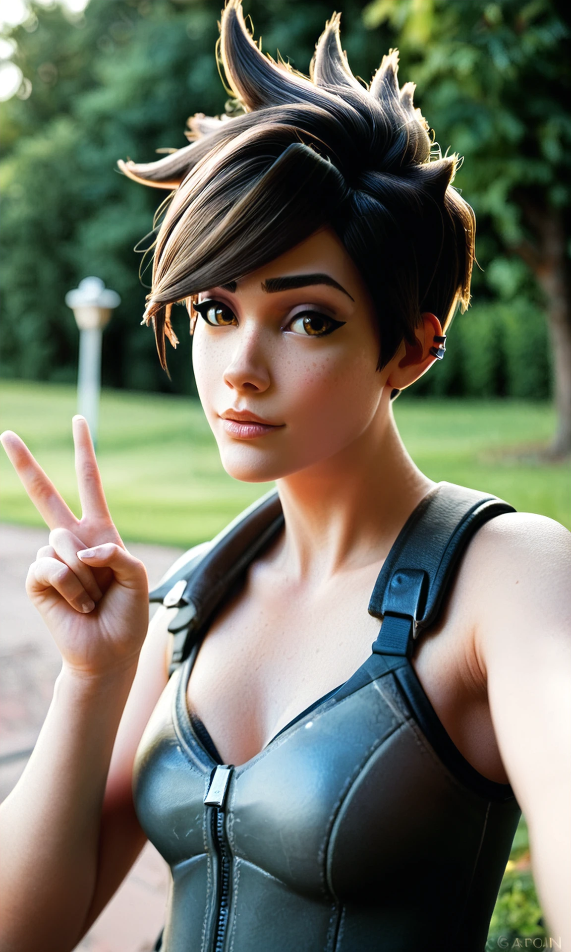 score_9, score_8_up, score_7_up, BREAK, zy_tracer, 1girl, short hair, brown hair, brown eyes, bangs, portrait, v sign, realistic, photo, real hair, detailed skin, park, sunny, highly detailed, detailed skin, depth of field, film grain, <lora:zy_Tracer_PonyRealism_v1:0.65>