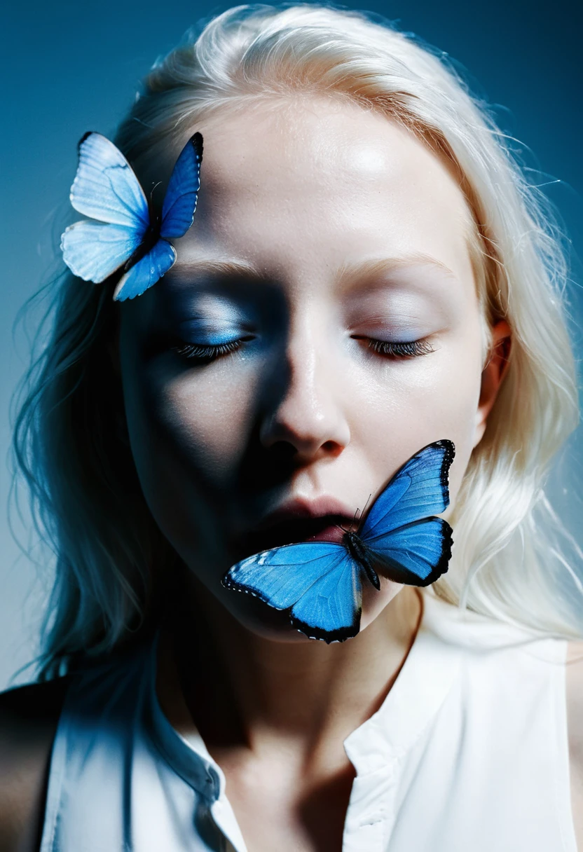 raw textured professional photography by Martin Deschambault and Alessio Albi, serene beautiful albino woman with a electric blue (butterfly on her mouth), closed eyes, white background, photorealistic, 8k, natural lighting, HDR, high resolution, shot on IMAX Laser, intricate details, amazing skin details