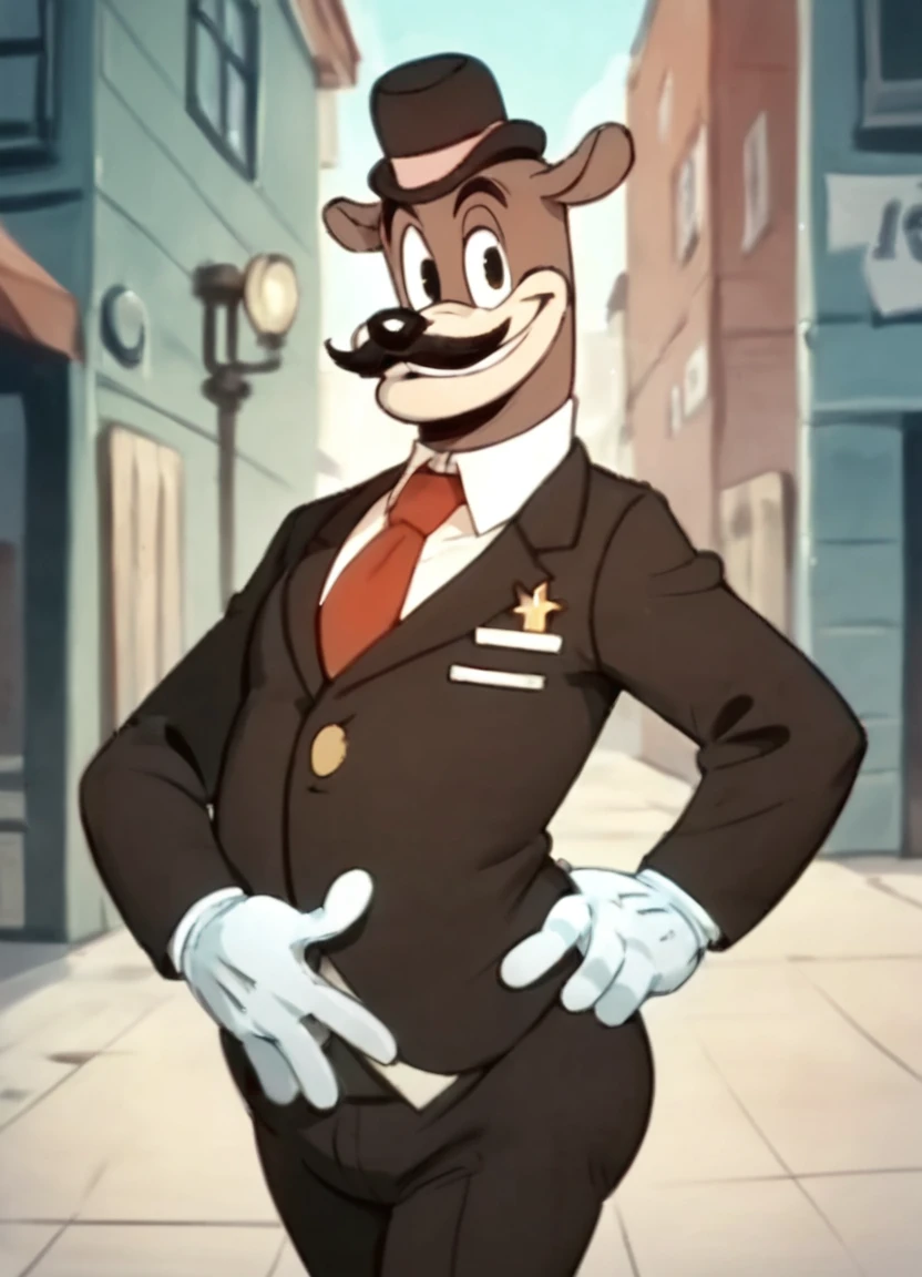 <lora:Honestjohngusherpony1.0:0.5> honest john gusher, smile, solo, 1boy, male focus, hat, suit, gloves, furry male, mustache, necktie, standing, score_9, score_8_up, score_7_up, score_6_up, score_5_up, score_4_up, looking at viewer, hand on own hip, cowboy shot,