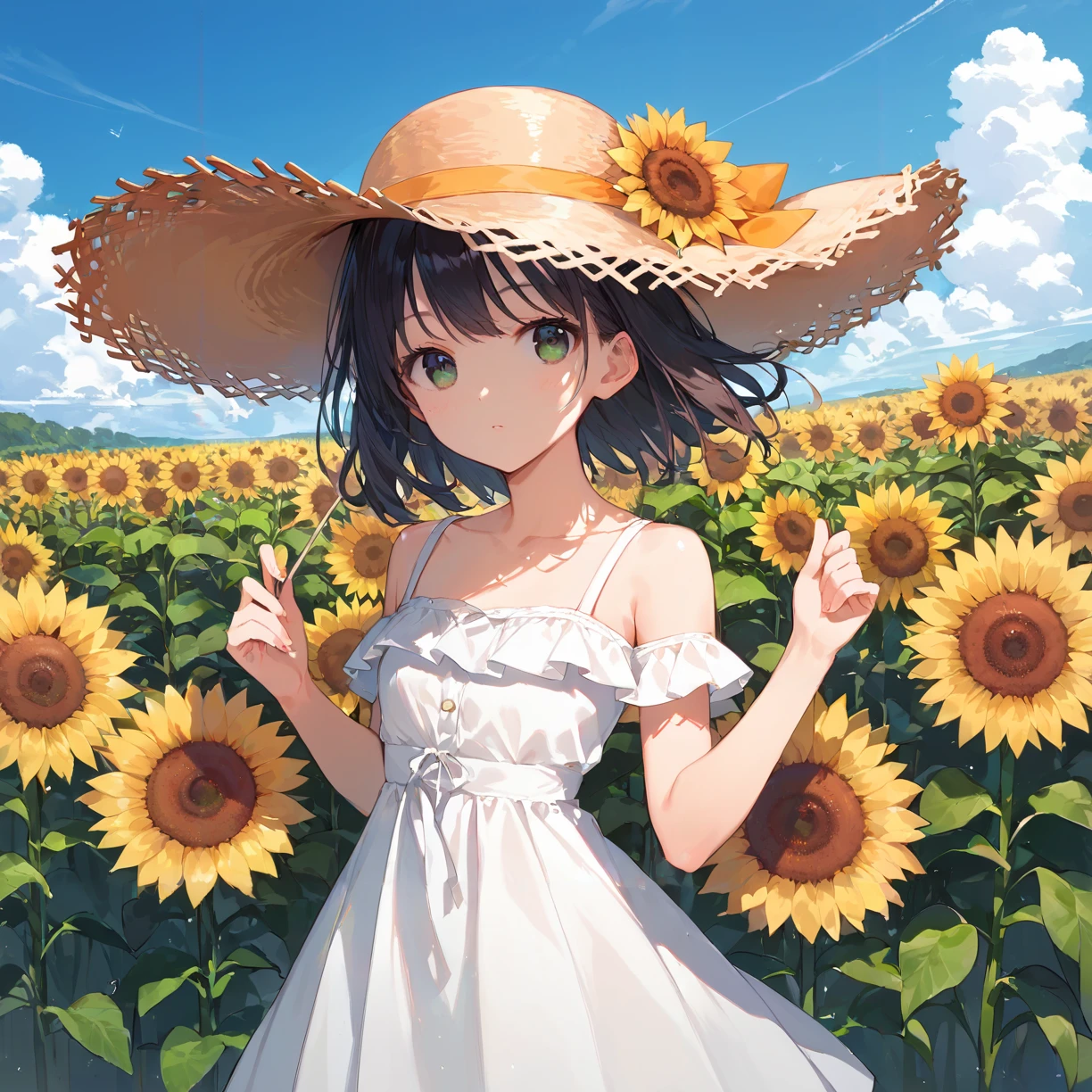 score_9, score_8_up, score_7_up,source_anime, high res image,masterpiece,best quality,girl,cute face,clear skin,shiny hair,ultra detailed eyes,sunflowers,outdoor,sky <lora:straw hat_pony_V1.0:0.6> straw hat, hat ribbon,<lora:camisole dress_Pony_V1.0:0.8> jyoji fuku, dress,bare shoulders
