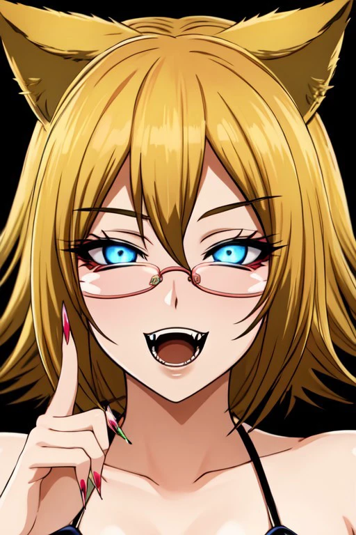 masterpiece, best quality, perfectly symmetrical face, detailed skin, semi-realistic, realistic,
shizuka nekonome, shizuka nekonome \(rosario vampire\) 1girl, solo, smile, open mouth, blue eyes, blonde hair, animal ears, glasses, cat ears, nail polish, fingernails, fangs, slit pupils, glowing eyes, long fingernails, sharp fingernails